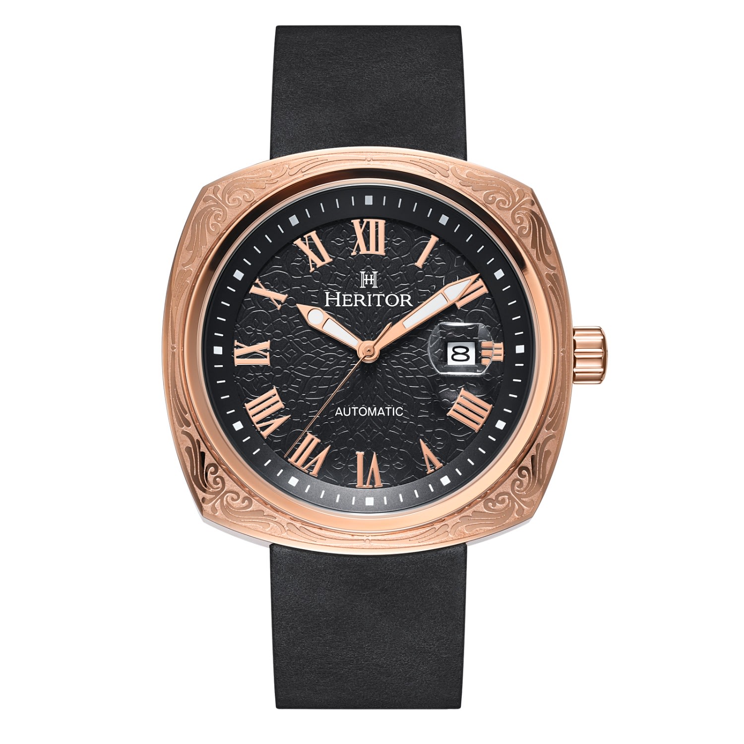 Heritor Automatic Davenport Engraved-case Leather-band Watch W/ Date In Black