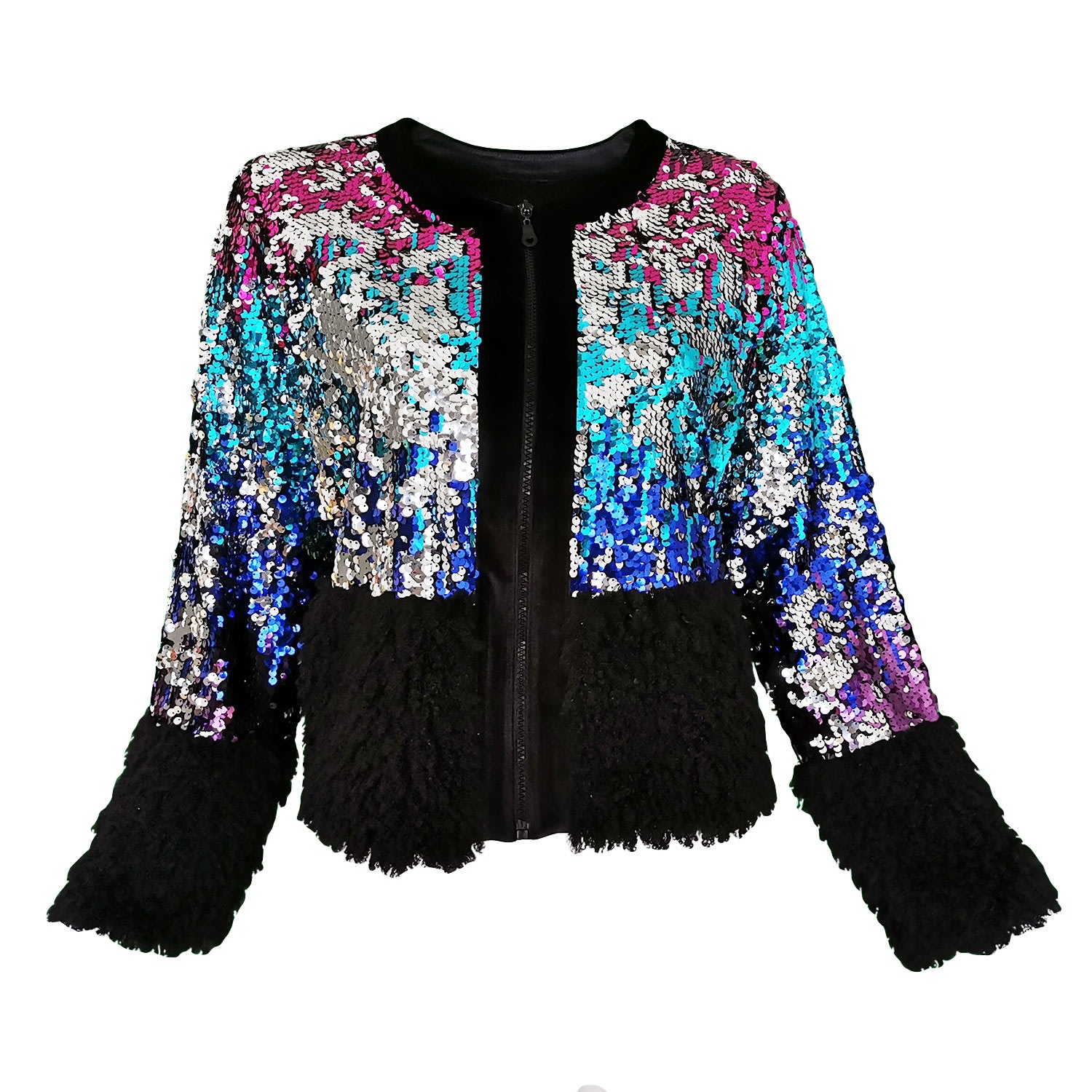 Women's Double-Sided Sequined Bomber Jacket With Velvet & Faux-Fur Details | Medium | Lalipop Design