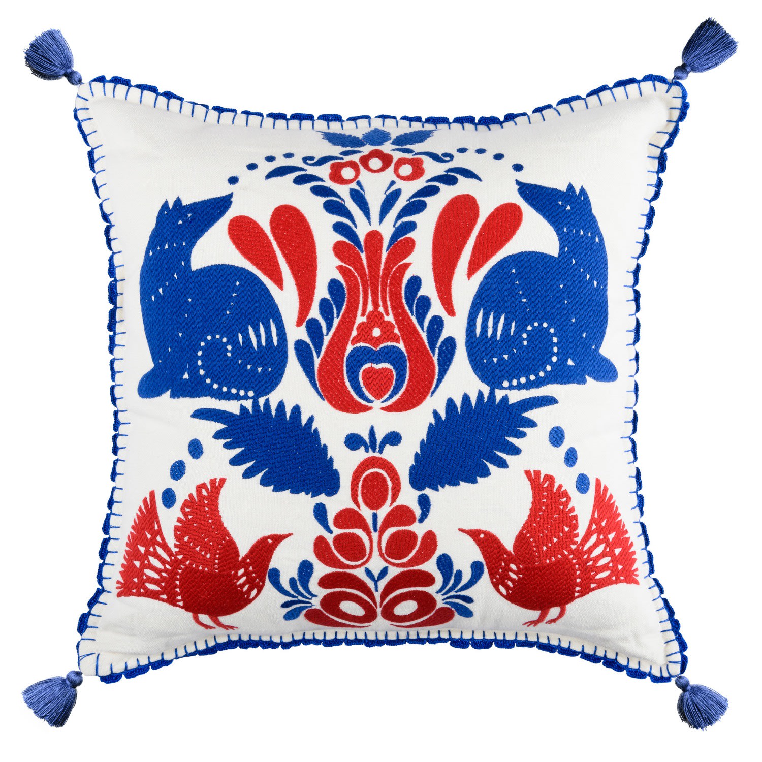 Blue / White / Red Folk Embroidery Linen Cushion By Mindthegap