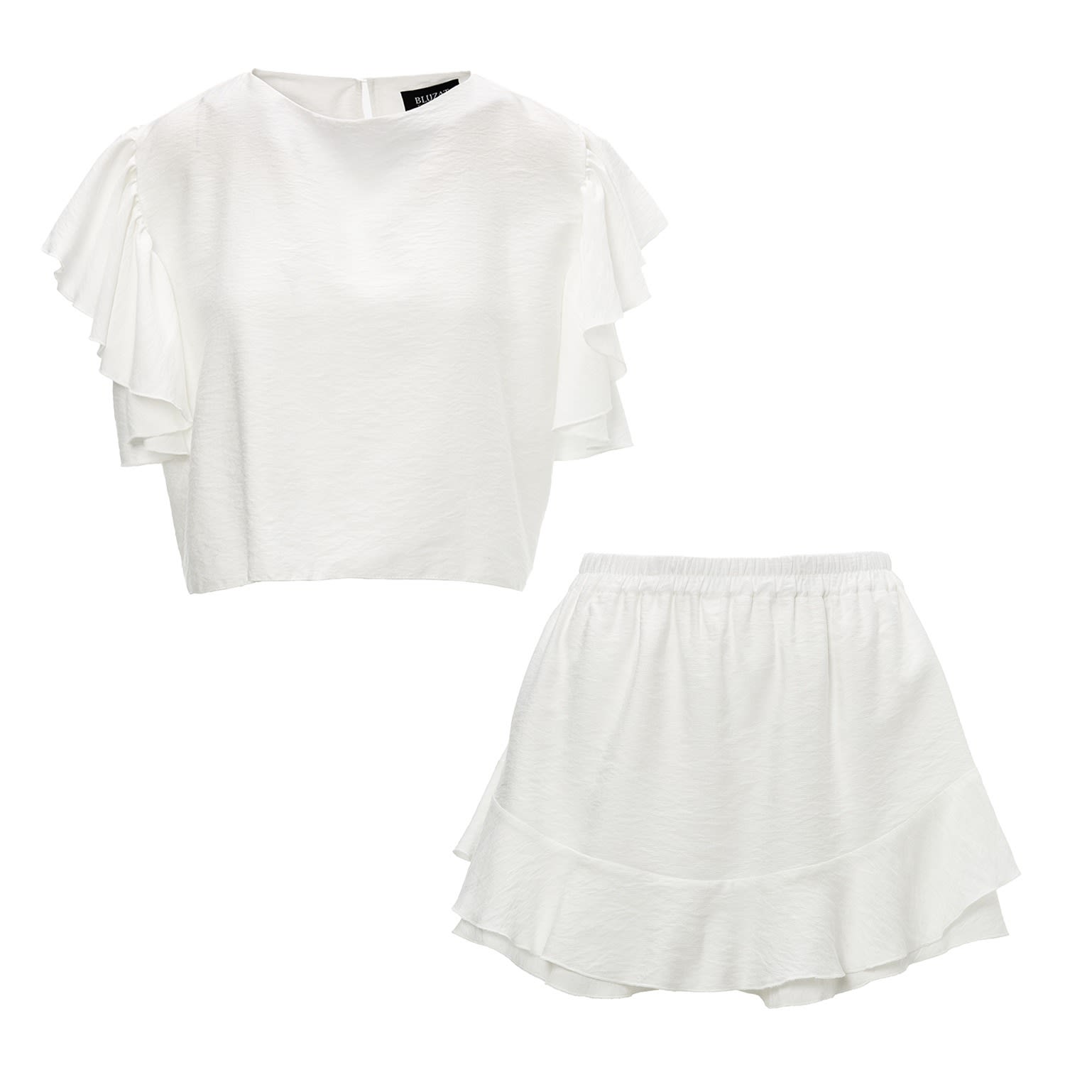 Bluzat White Set With Ruffled T-shirt And Pants With Skirt In White