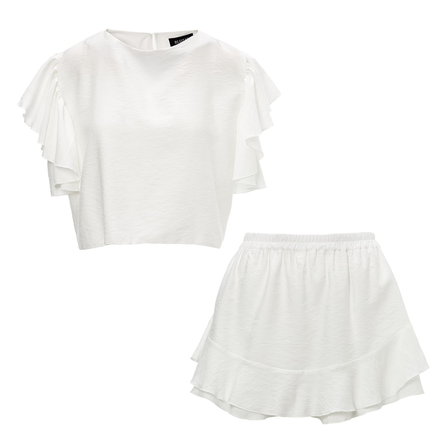 White Set With Ruffled T-Shirt And Pants With Skirt Large Bluzat