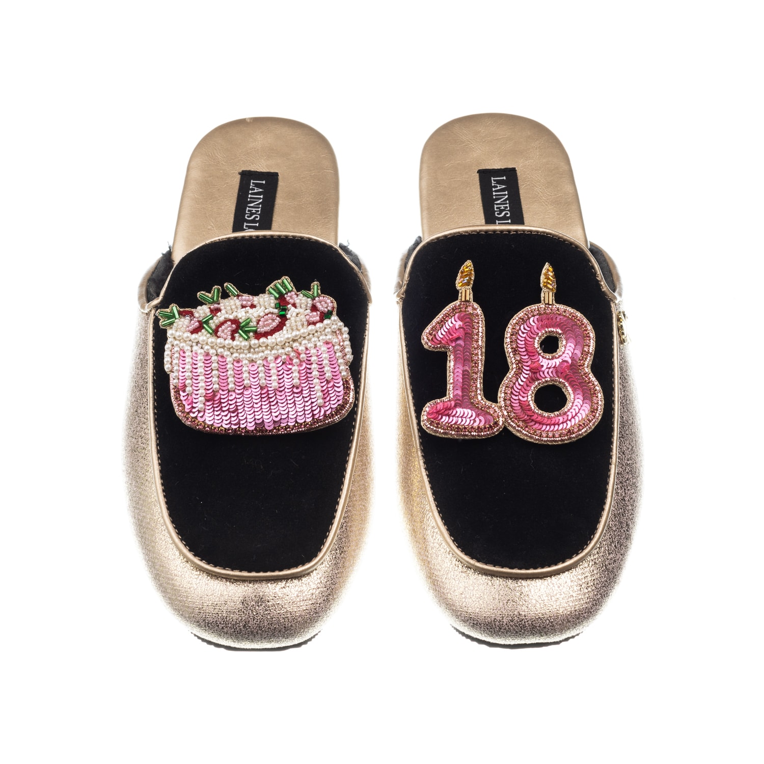 Laines London Women's Black / Gold Classic Mules With 18th Birthday & Cake Brooches - Black & Gold