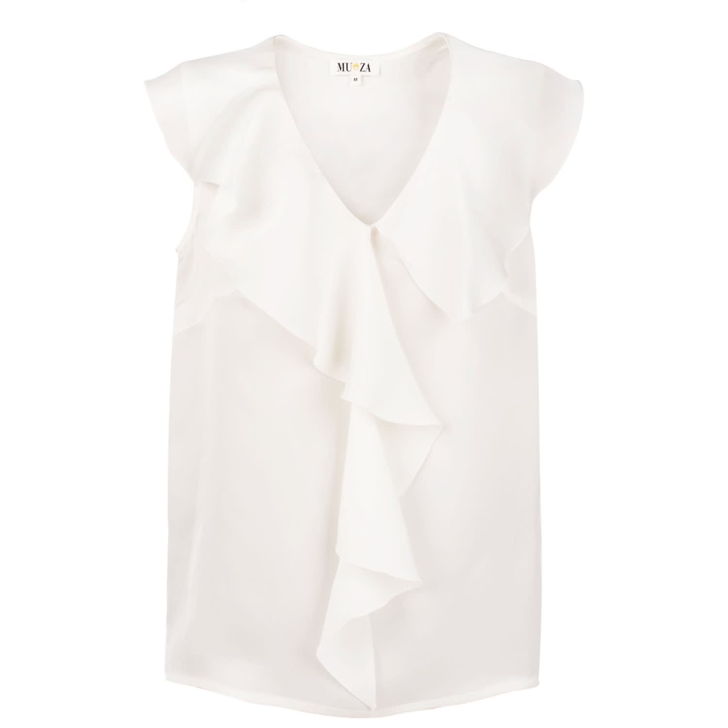 white sleeveless ruffle top