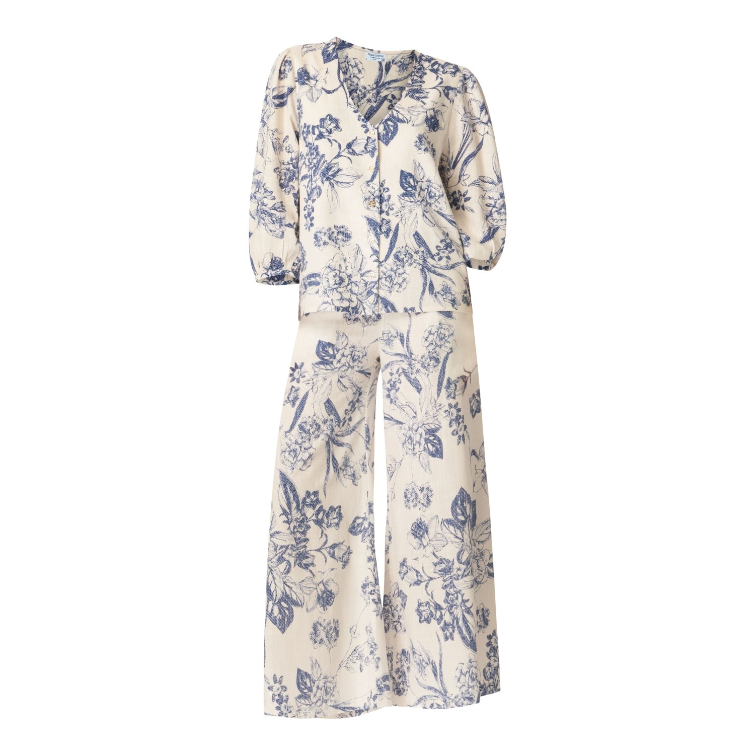 Haris Cotton Women's Printed Linen Blend Drawstring Waist Wide Leg Pants Blue Spring In Blue