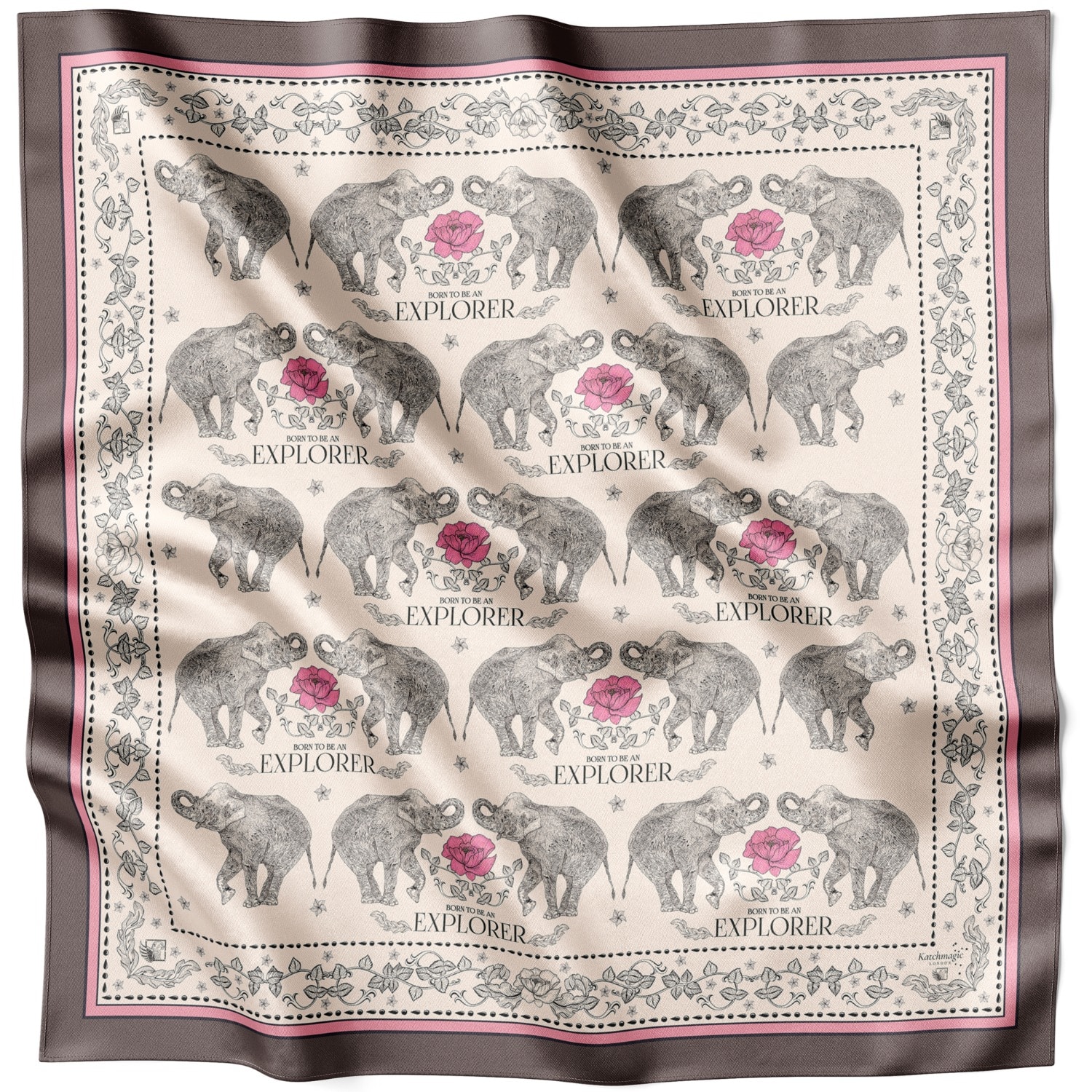 Lamberty Munich X Katchmagic London Women's Neutrals / Pink / Purple Elephant Odyssey - A Journey In Silk - Classic Silk Scarf In Brown
