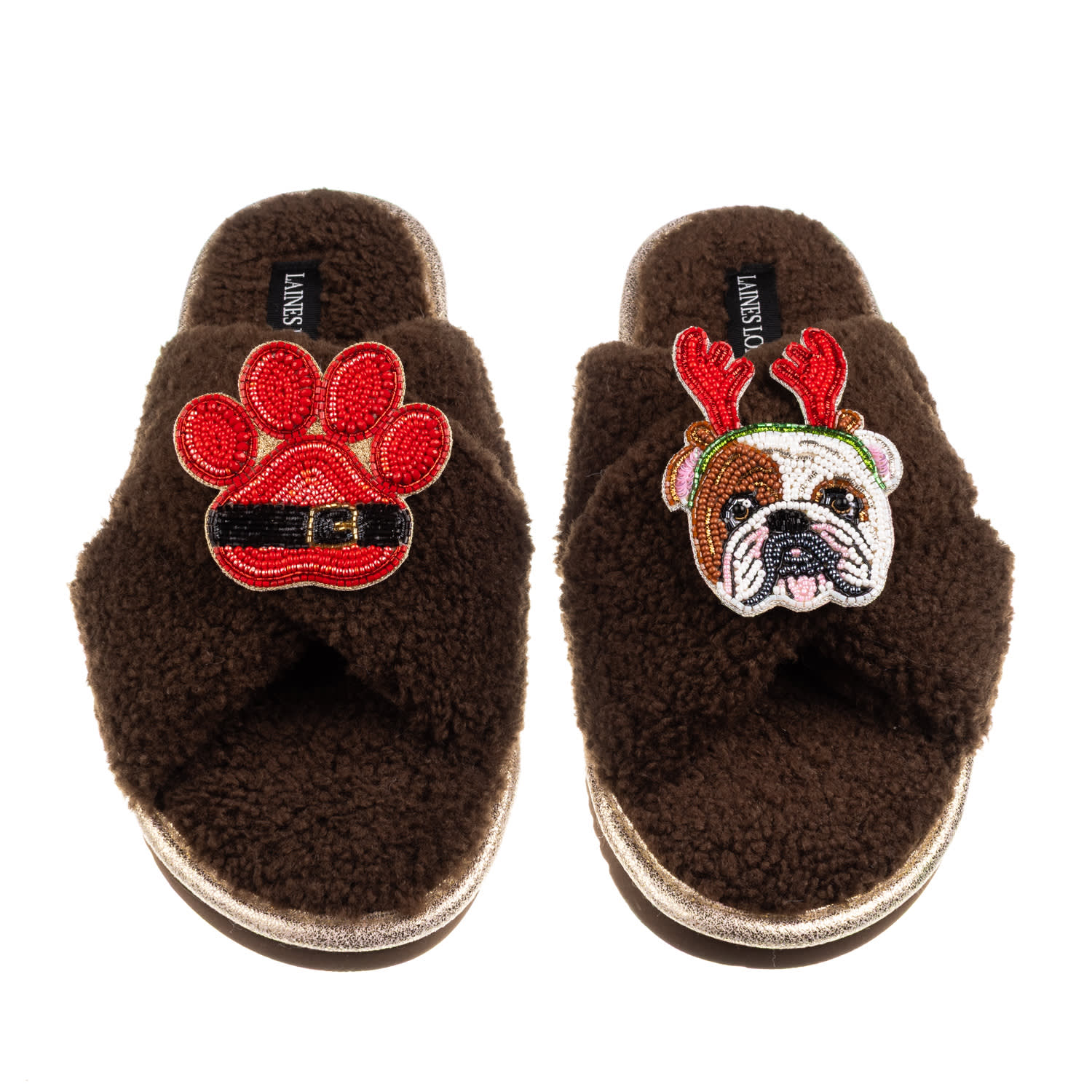 Laines London Women's Brown / Neutrals Laines Boucle Slippers With Christmas British Bulldog & Paw Brooches - Choc In Brown