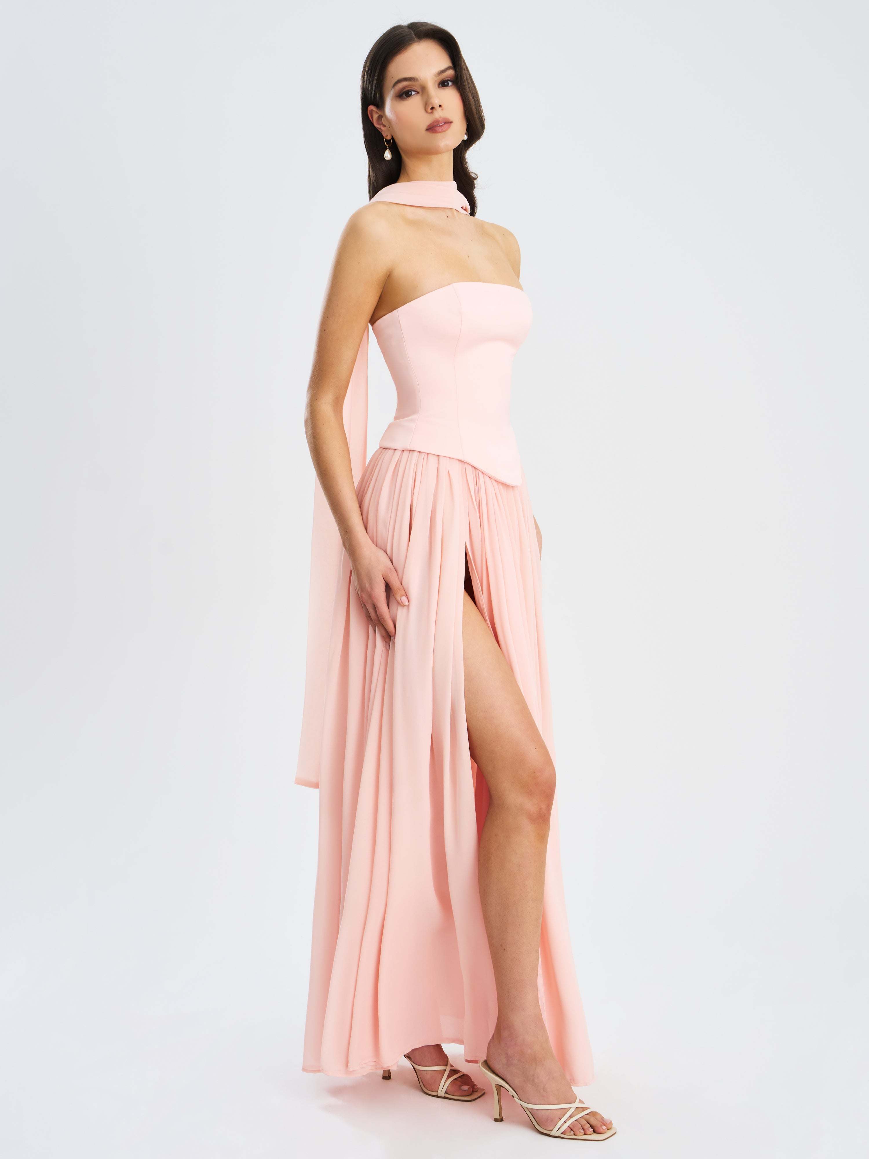 Qianna Baby Pink Peplum Top Drop Waist Chiffon Gown | Miss