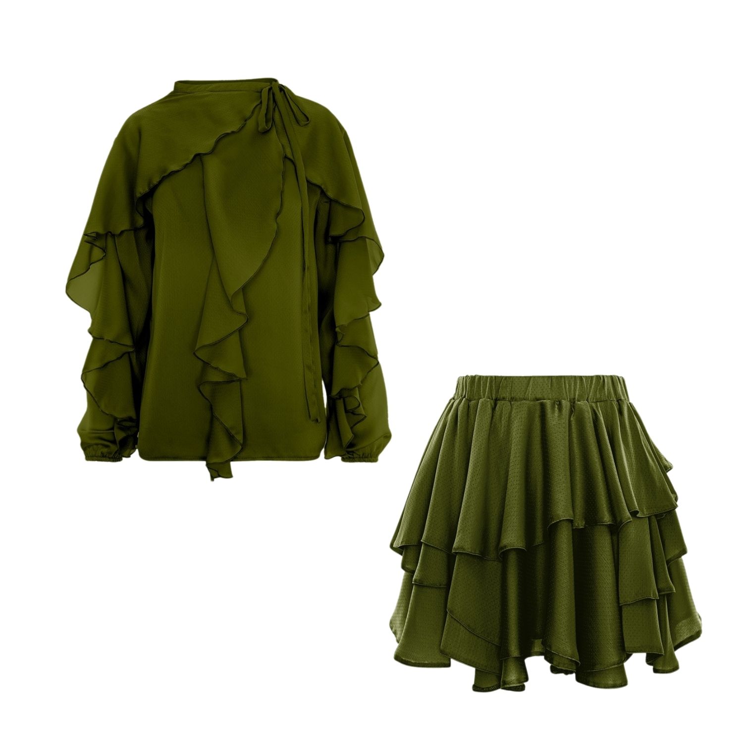 Bluzat Olive Green Ruffle Blouse And Tiered Mini Skirt Set In Green
