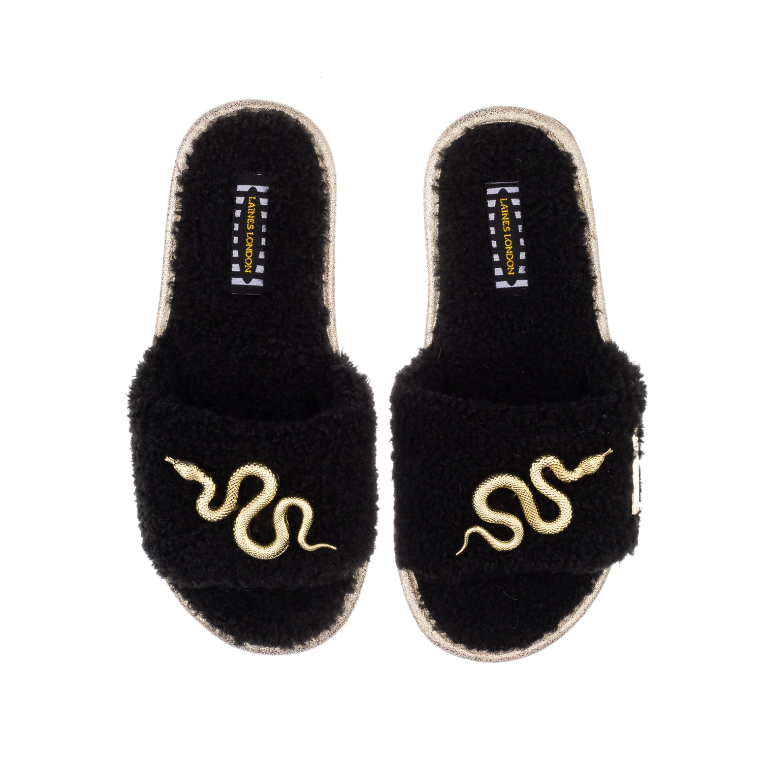 Women’s Teddy Towelling Slipper Sliders With Gold Metal Snake Brooches - Black Small Laines London