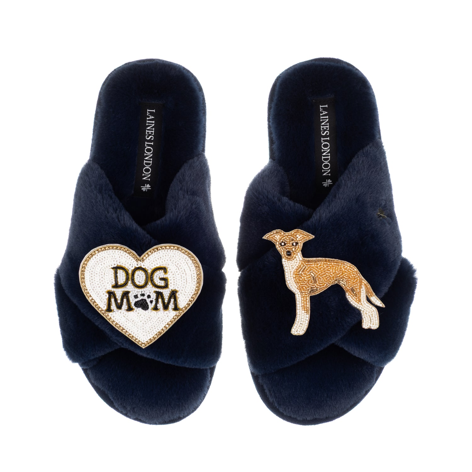 Laines London Women's Blue Classic Slippers With Dog Mum/mom & Fawn & White Italian Greyhound Brooches - Navy In Blue