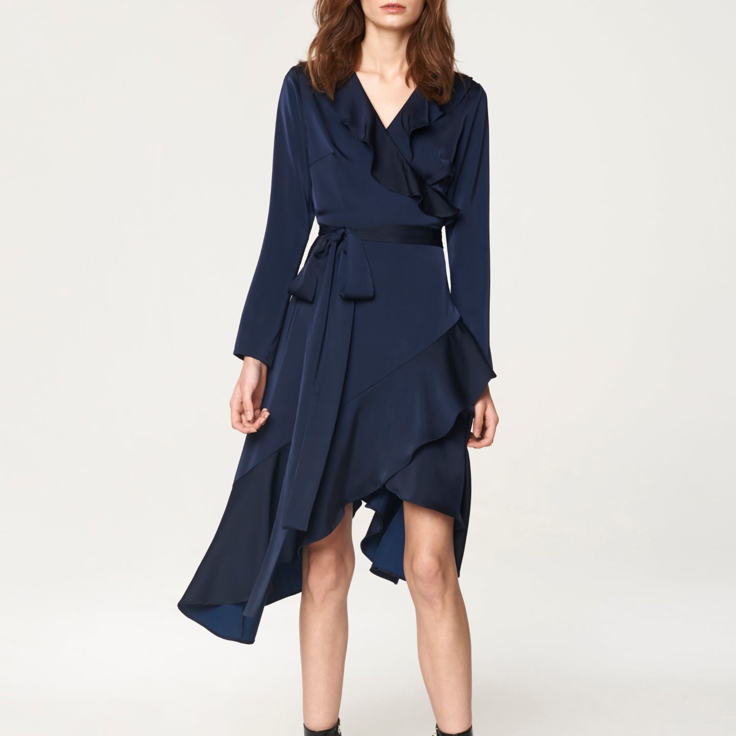 navy frill wrap dress