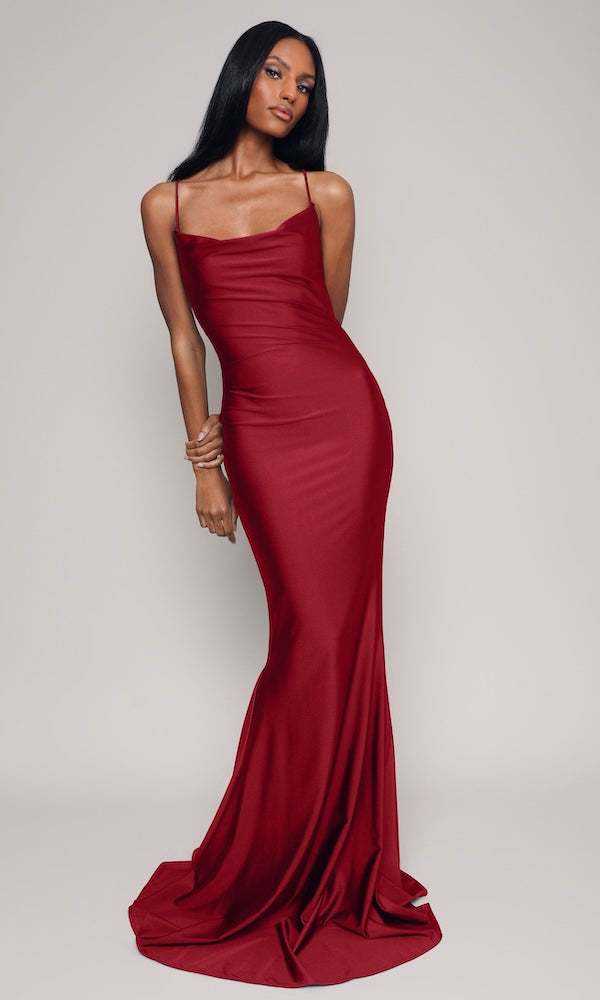 red carpet jersey dress with back neckline Draped Neck Gown- Cabernet | Moda Glam evening event