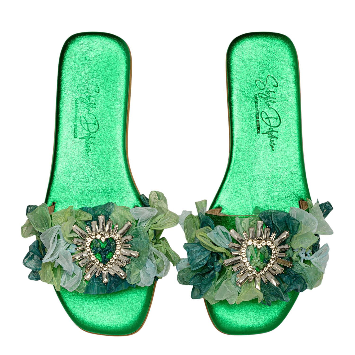 Sibylla Delphica Women's Anatomic Sole Raffia Green Metallic Handwoven Sandals - Heart In Green