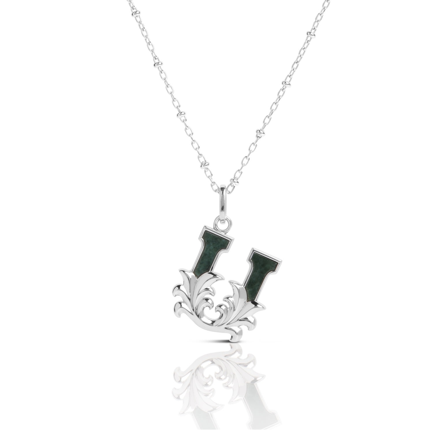 Kasun Women's Solid Silver U Initial Necklace With Green Marble In Silver