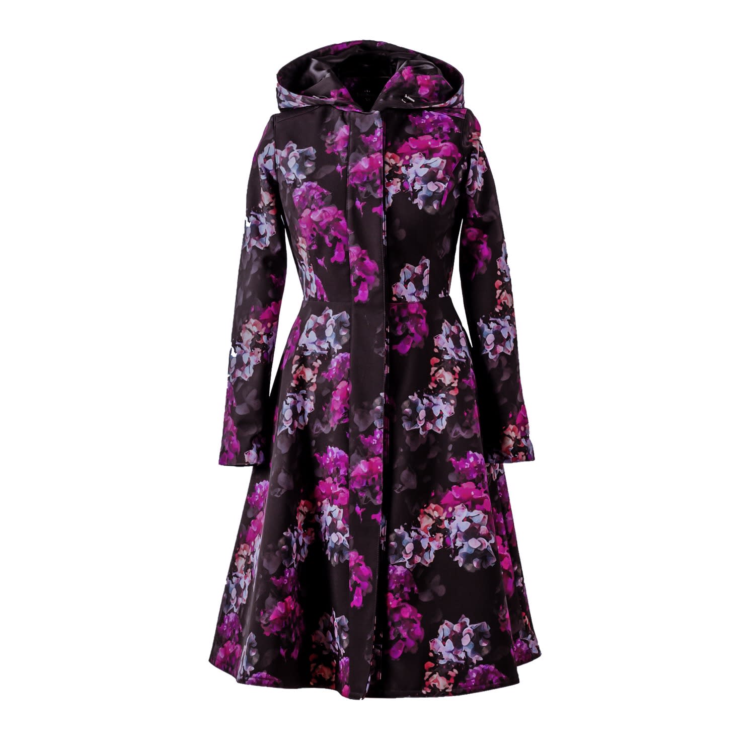 Fit And Flare Black Waterproof Coat With Hydrangea Pattern: Hortense ...