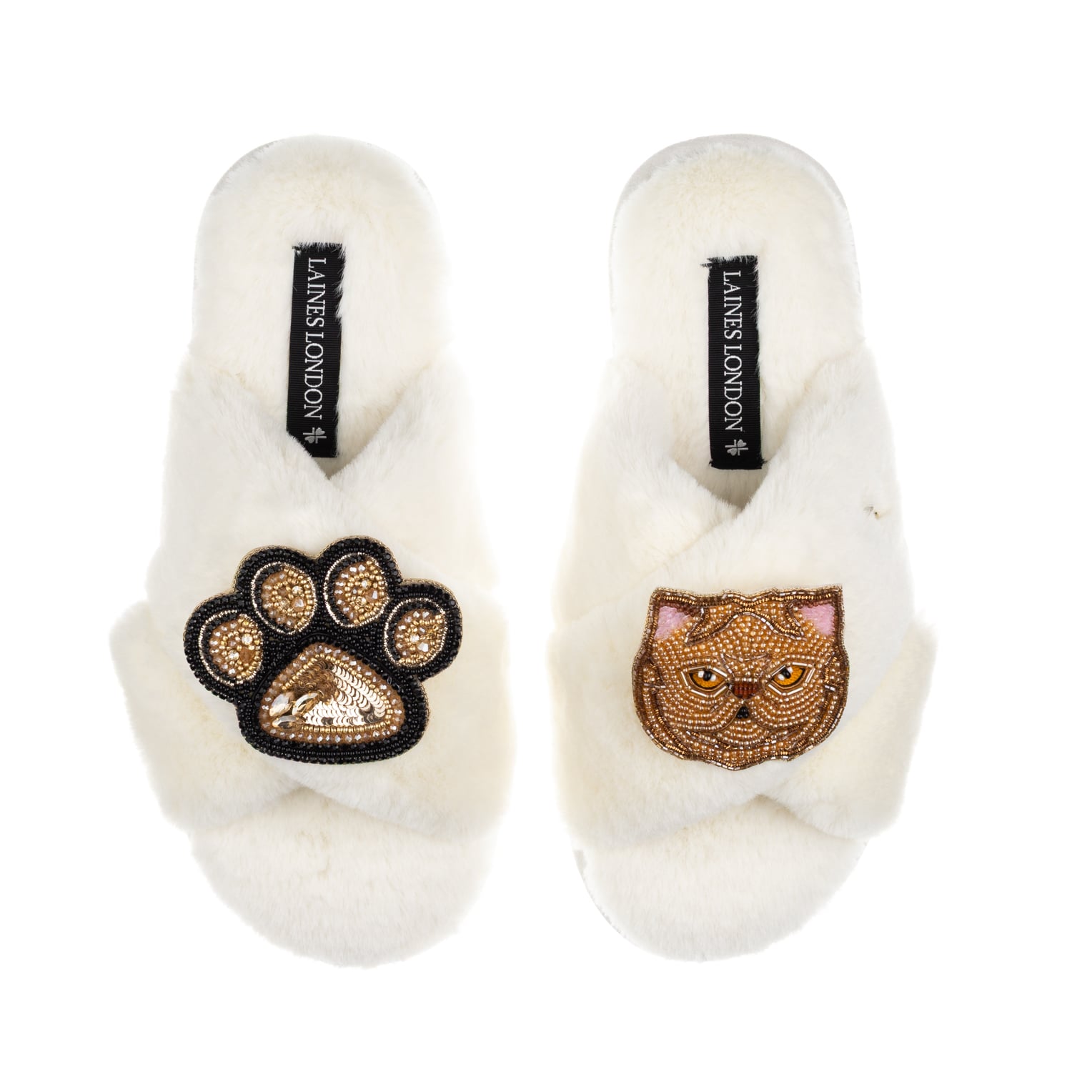 Laines London Women's Neutrals / White Classic Laines Slippers With Paw & Ginger Persian Cat Brooches - Cream In White