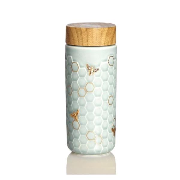 Gold / Green Honey Bee Ceramic Travel Mug - Mint Green And Hand- Gold, Green Acera