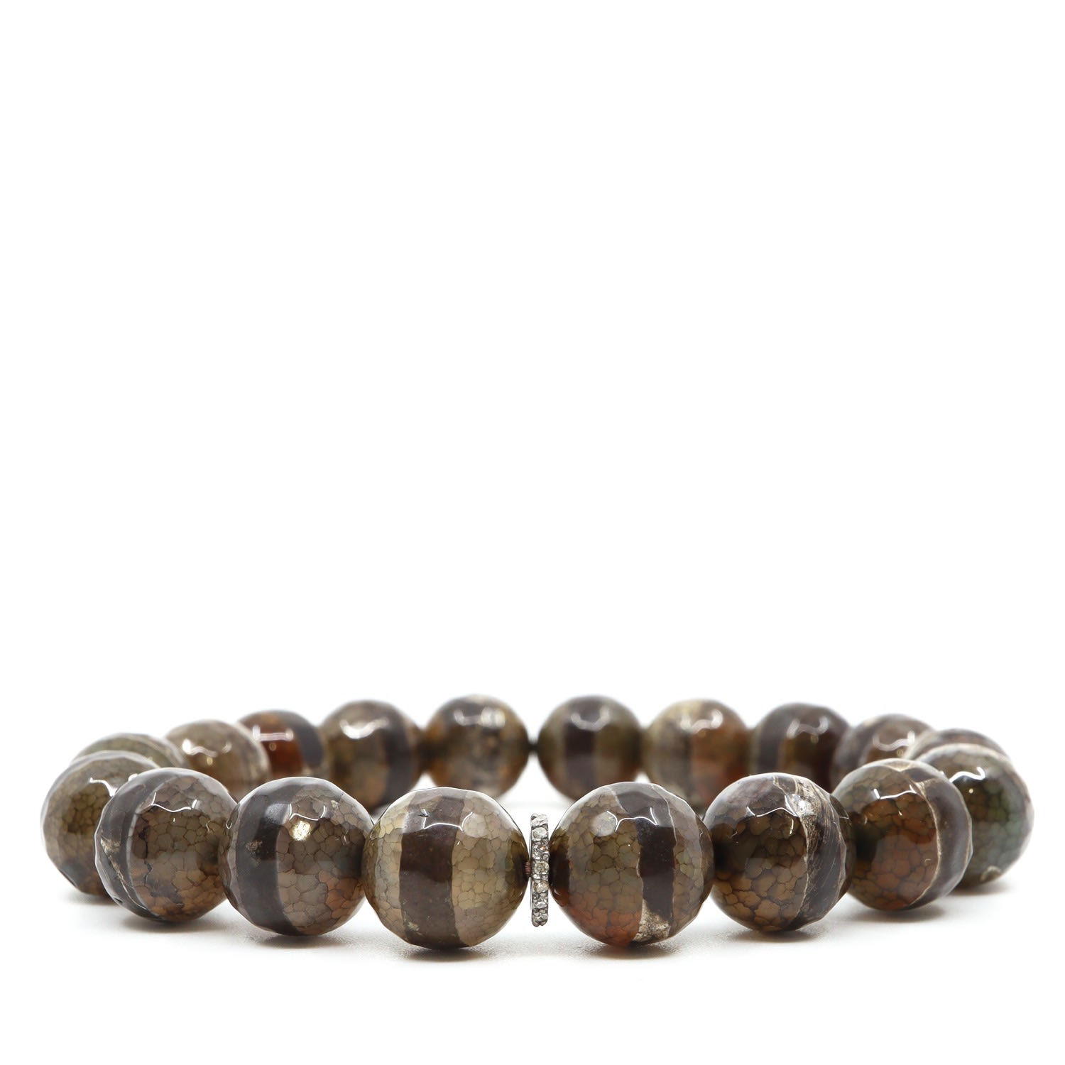 Shar Oke Men's Neutrals / Brown / Silver Agates & Diamonds Beaded Bracelet