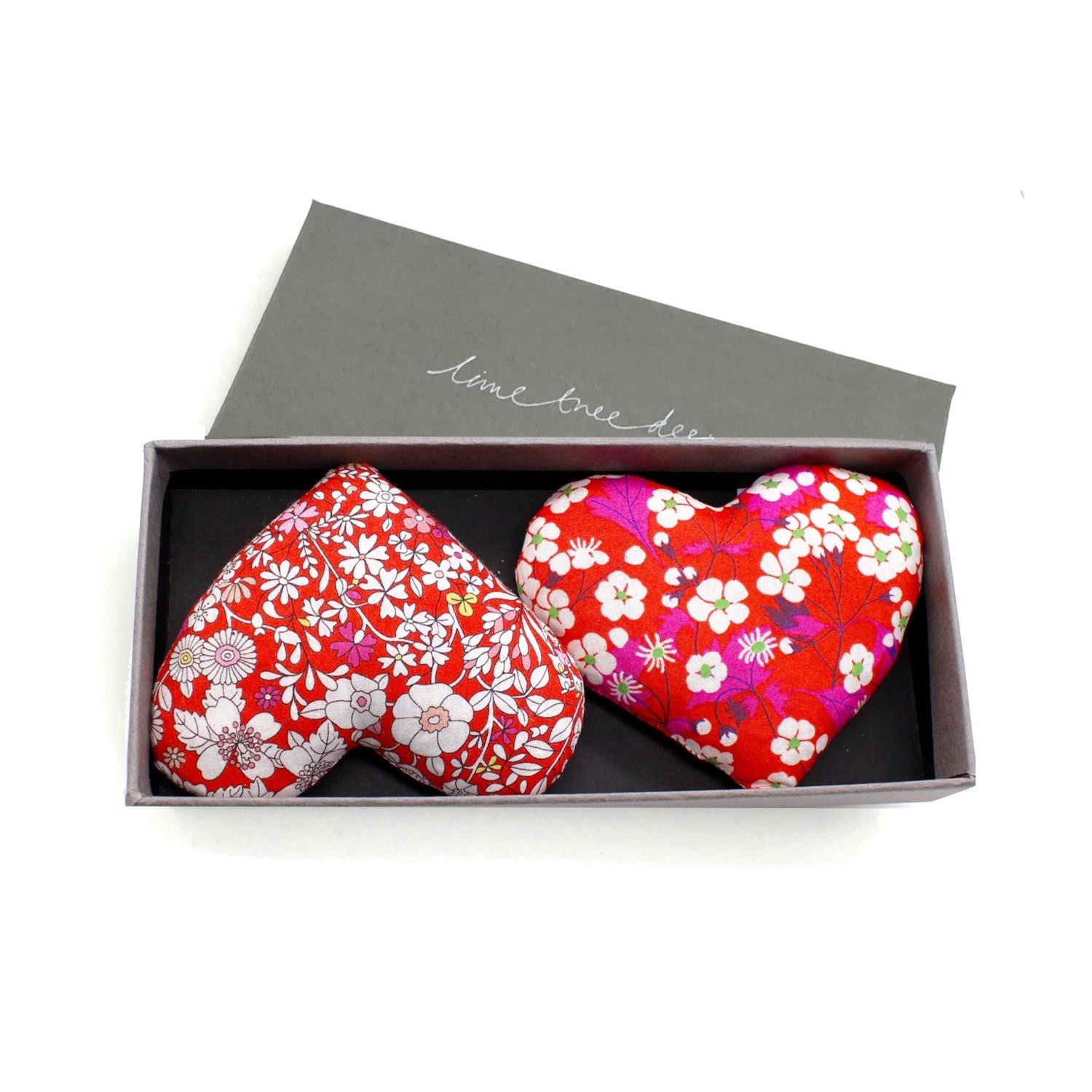 Lime Tree Design Braveheart Box Of Two Lavender Hearts Made With Liberty Fabric In Multi