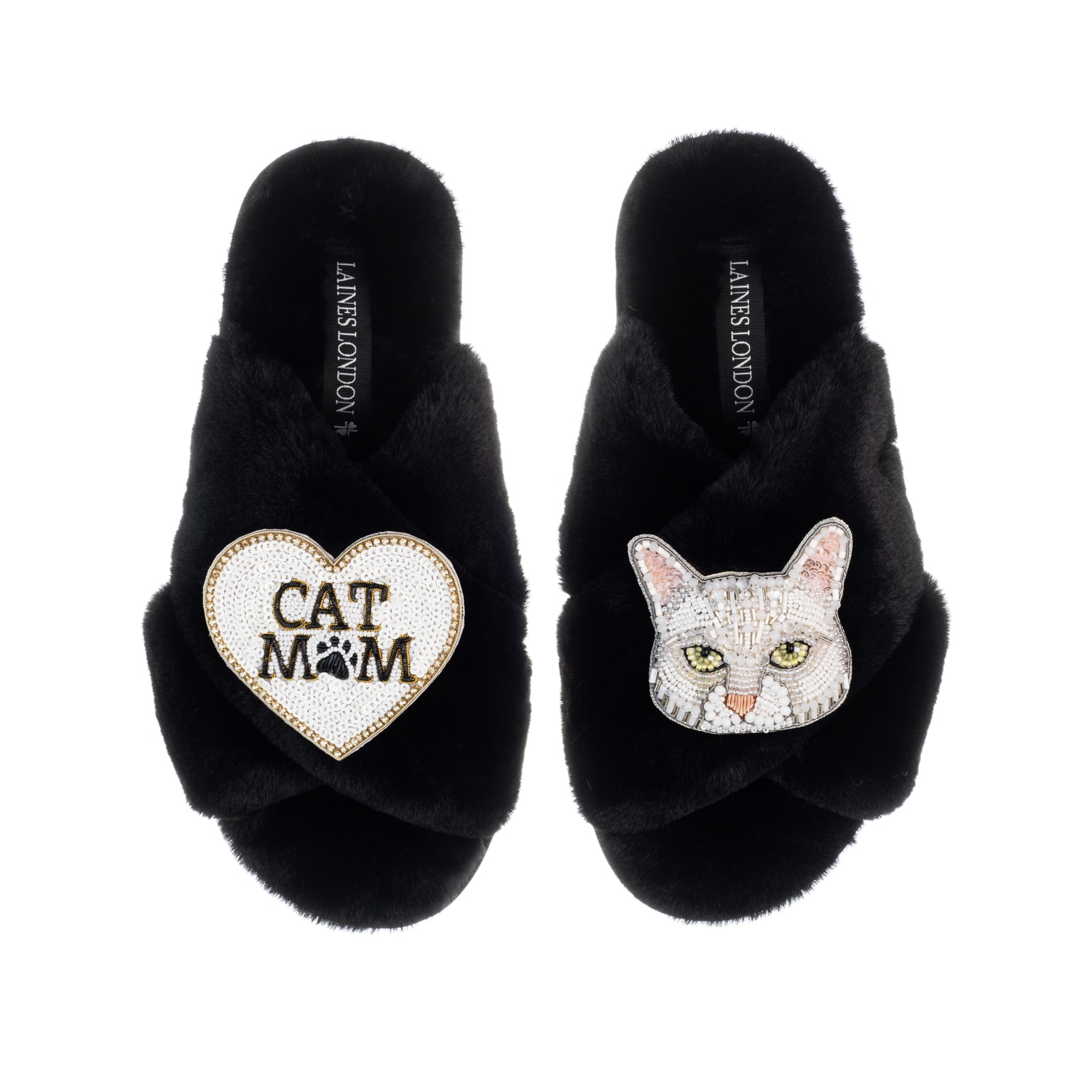 Laines London Women's Classic Laines Slippers With White Lily Cat & Cat Mum / Mom Brooches - Black In Black