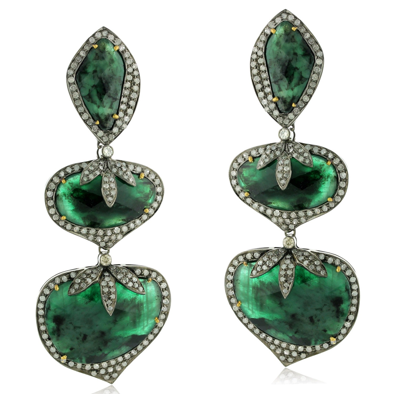 Women’s Gold / Green / White Natural Emerald & Diamond In 18K Yellow Gold With Silver Unique Dangle Earrings Artisan