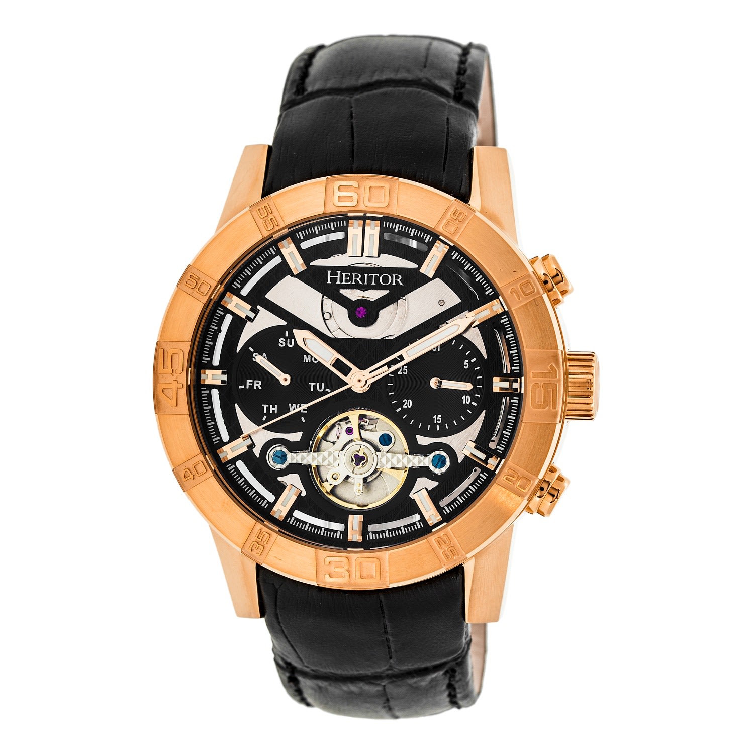 Men’s Black / Rose Gold Hannibal Semi-Skeleton Leather-Band Watch With Day And Date - Black, Rose Gold One Size Heritor Automatic