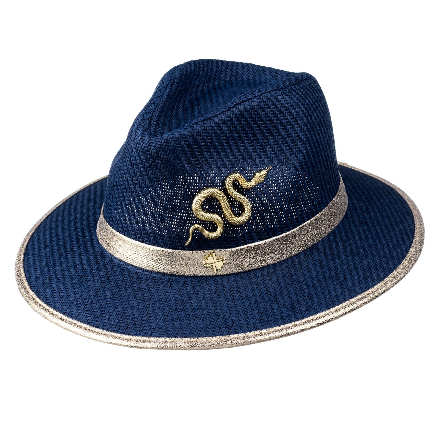 Women’s Blue Straw Woven Hat With Gold Metal Snake Brooch - Navy One Size Laines London