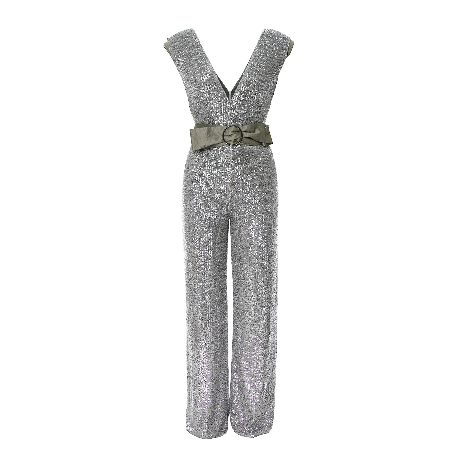 Bluzat Women's Silver Sequin Jumpsuit With Padded Shoulders In Silver