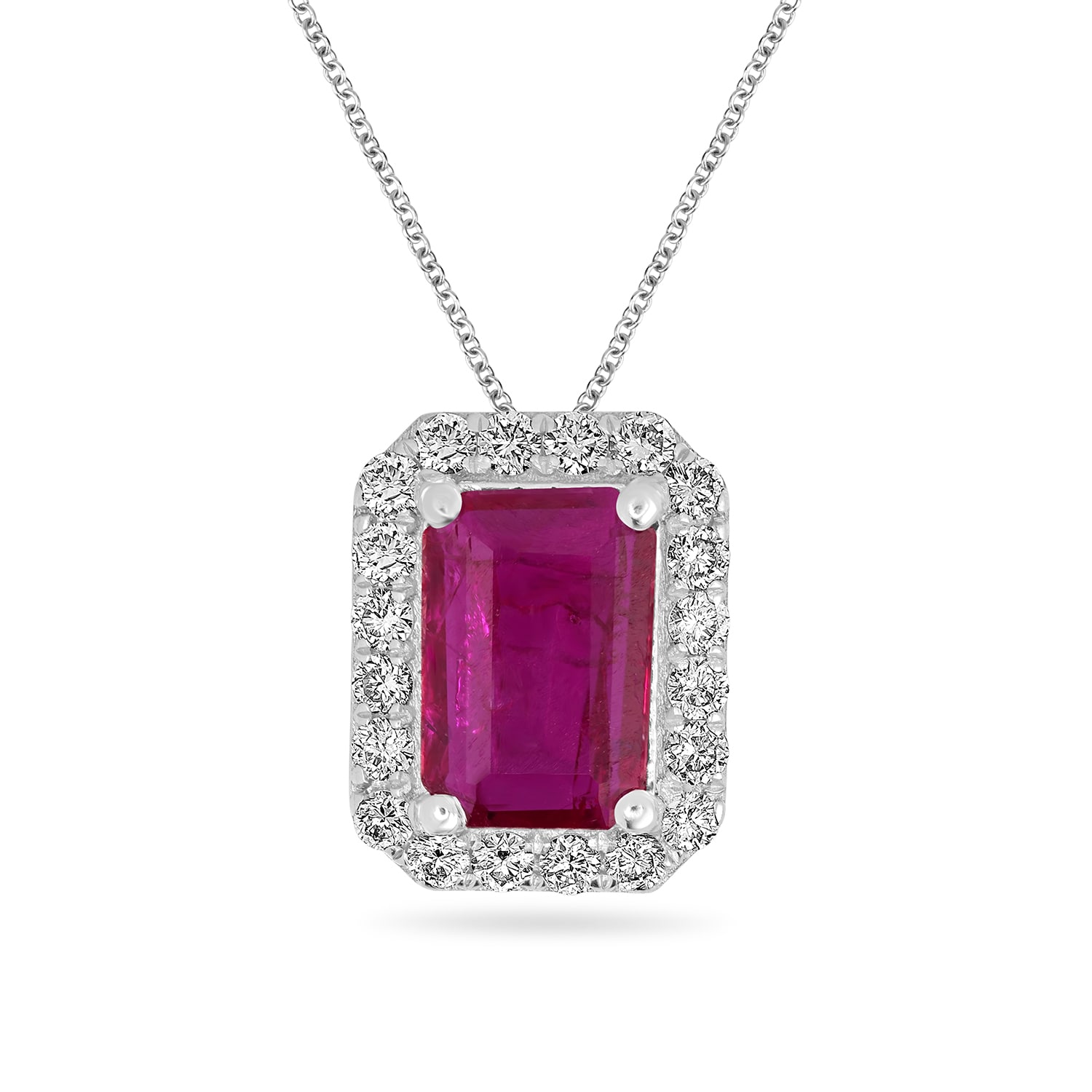 Artisan Women's White / Pink / Purple Natural Pink Ruby & Diamond Emerald Design Pendant In White Gold