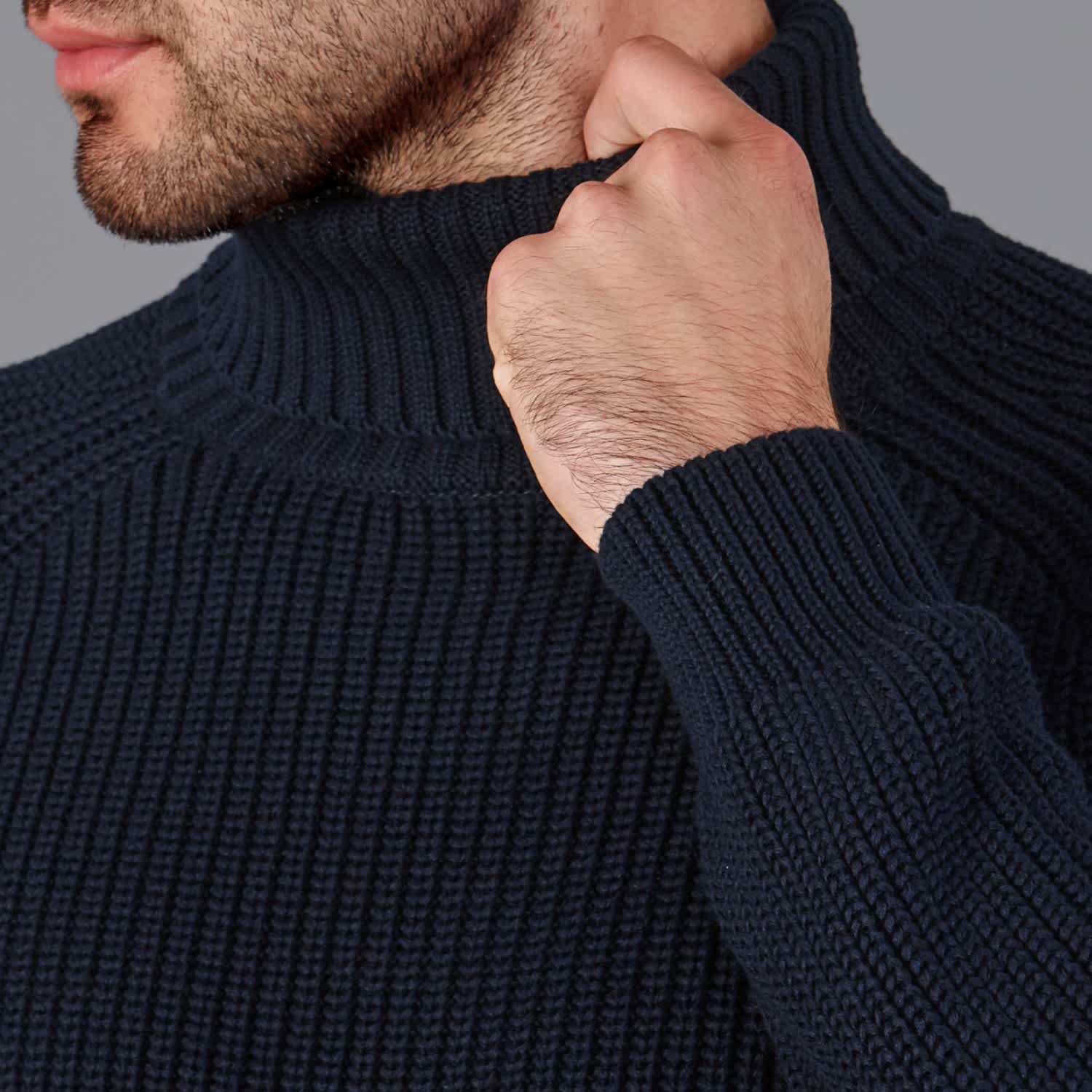 Mens Midweight Cotton Fisherman Rib Knit Roll Neck Jumper