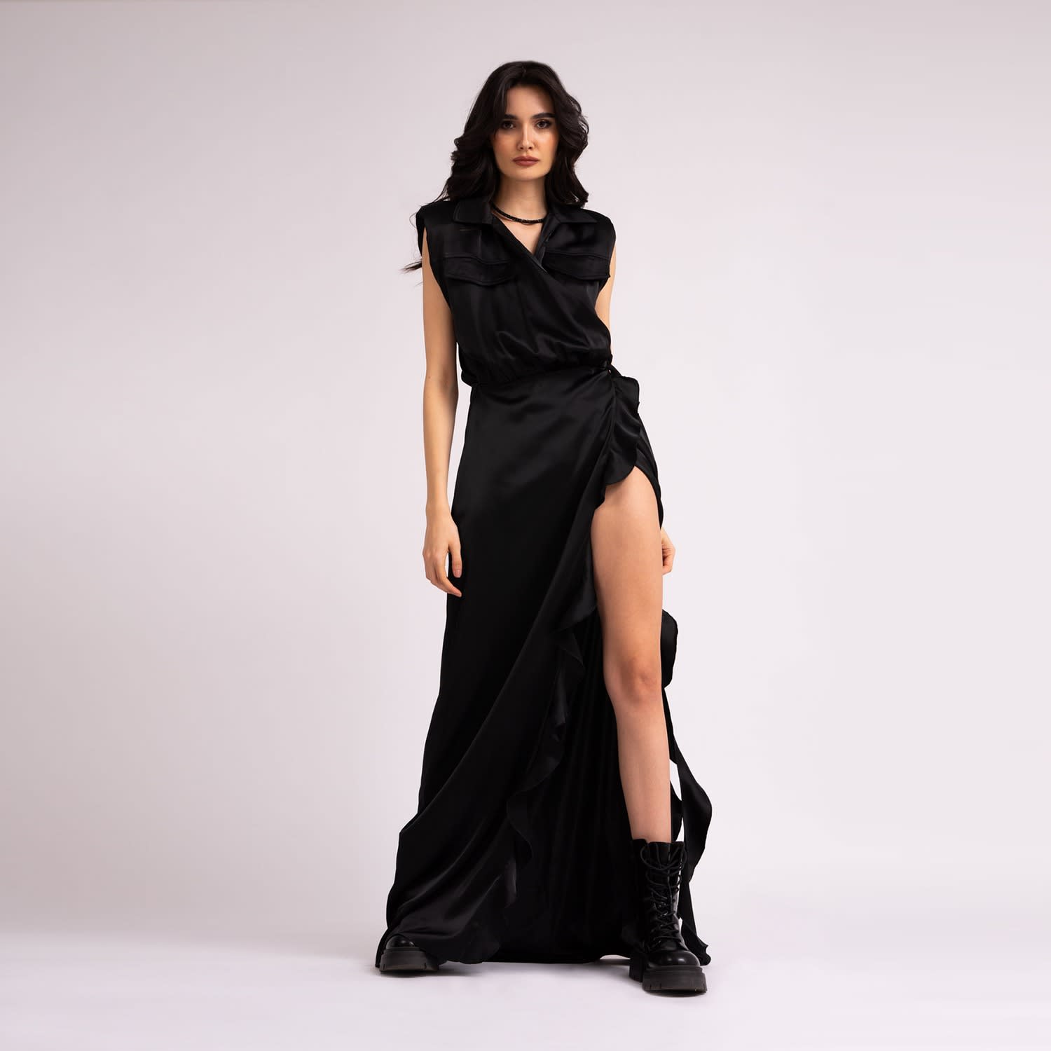 chinese dress ladies Dressed in Lala California Cool Oversized Maxi Dress in Black Mineral Wash