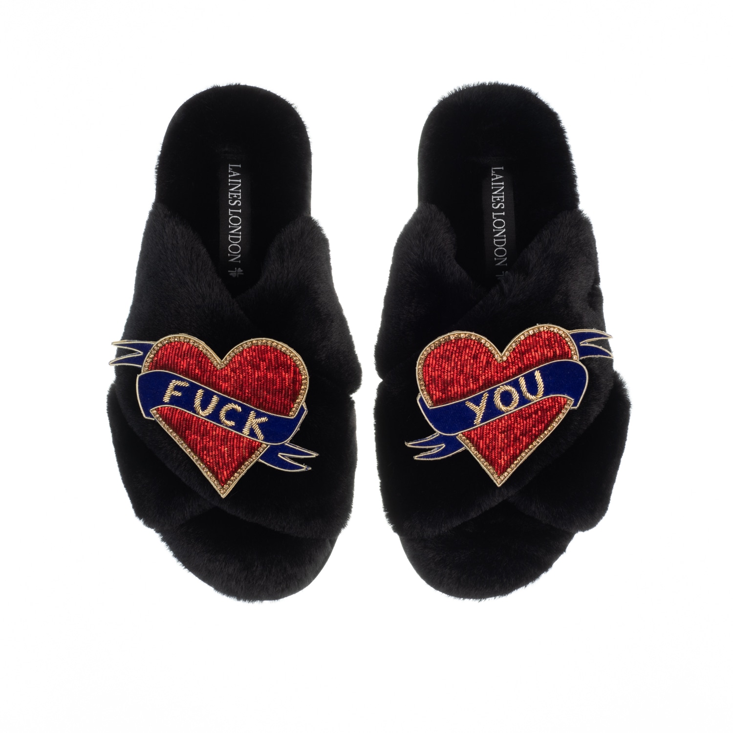 Laines London Women's Classic Laines Slippers With Fuck You Brooches - Black In Black