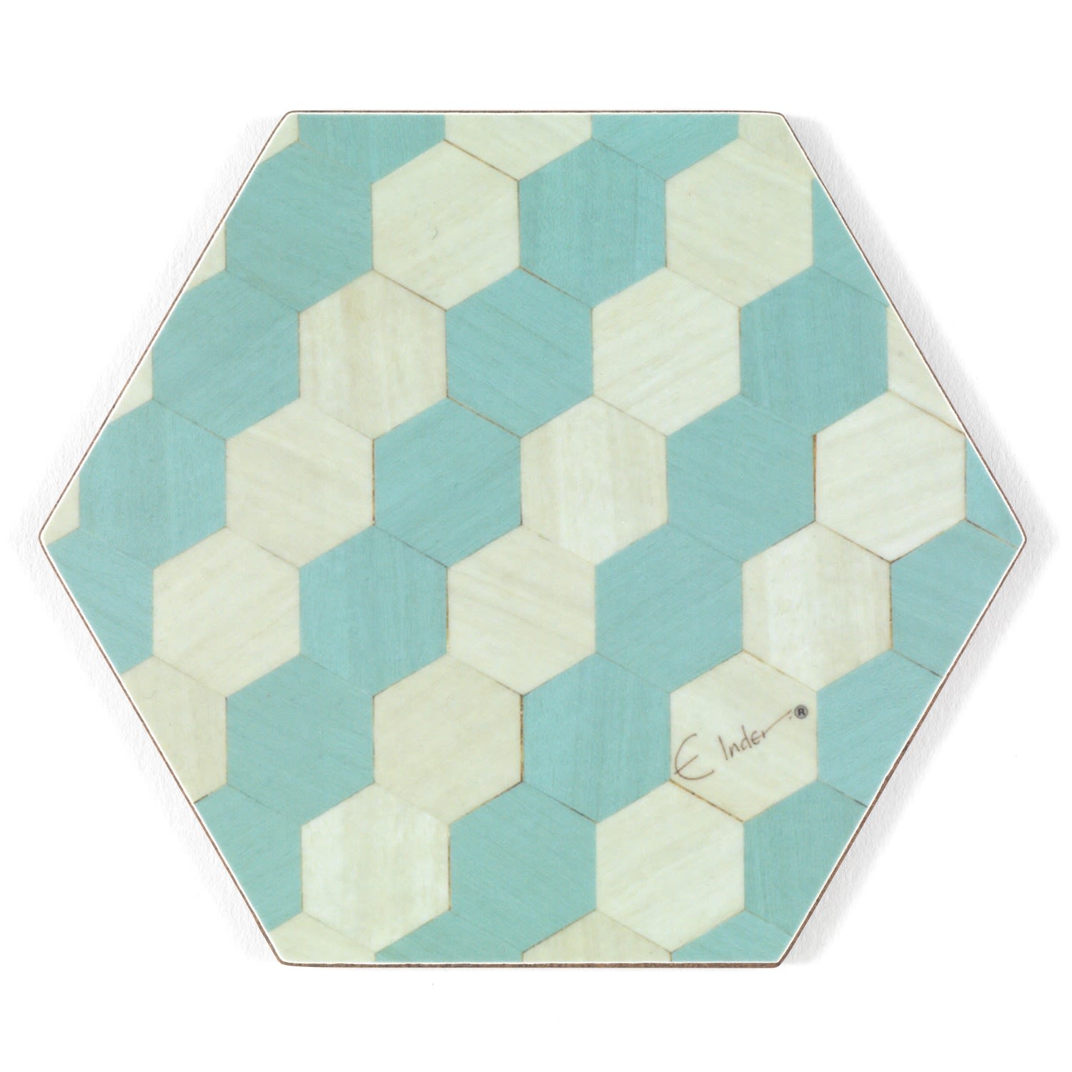 Six Coasters In Scandinavian Style Hexagonal Design. Light Blues. Heat Resistant Melamine. Tied With Ribbon For Gifting. E. Inder Designs