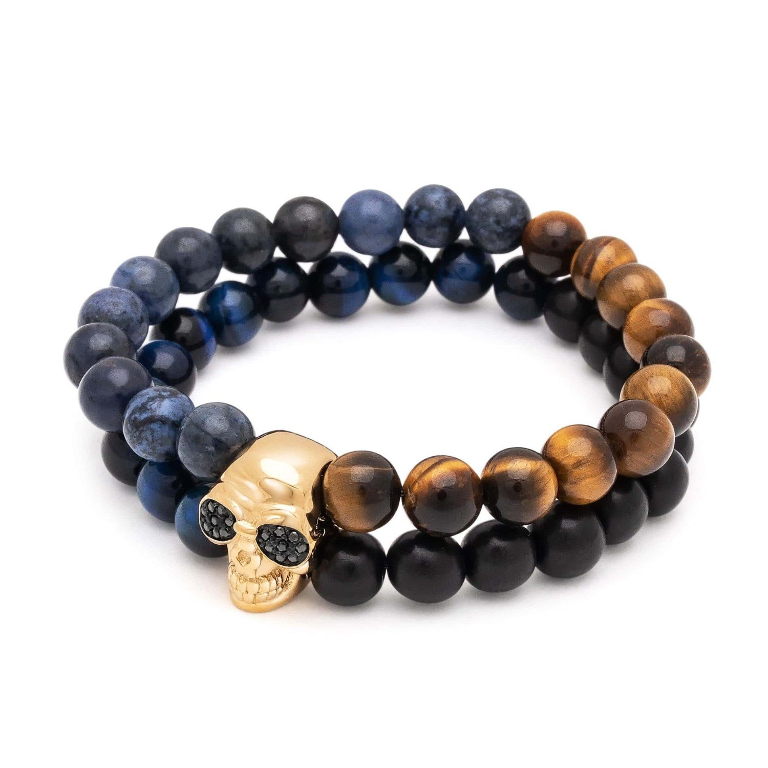 Men’s Double Beaded Bracelet With Dumortierite, Brown Tiger Eye, Blue Tiger Eye & Ebony Nialaya