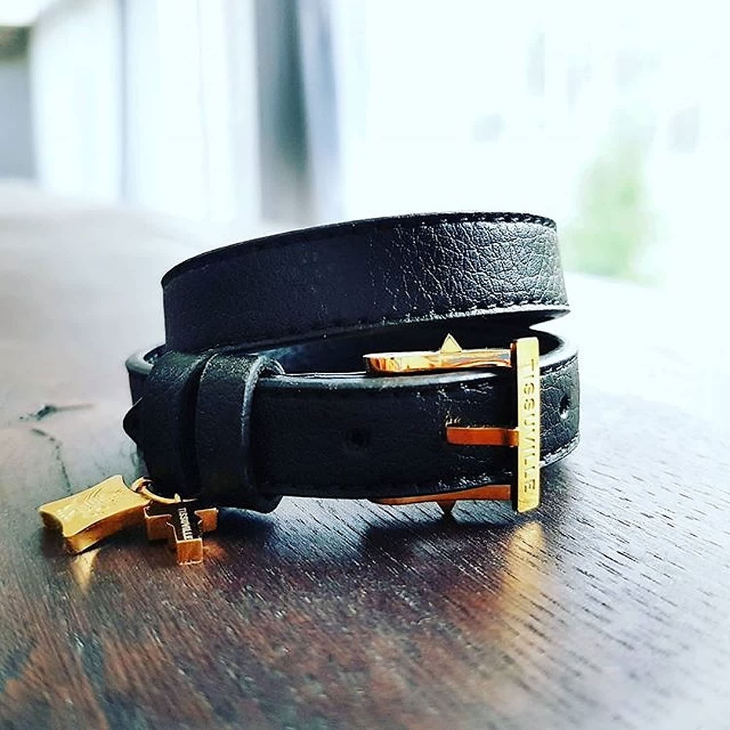 Men's Black Double Wrap Leather Bracelet with 18k Gold-Plated