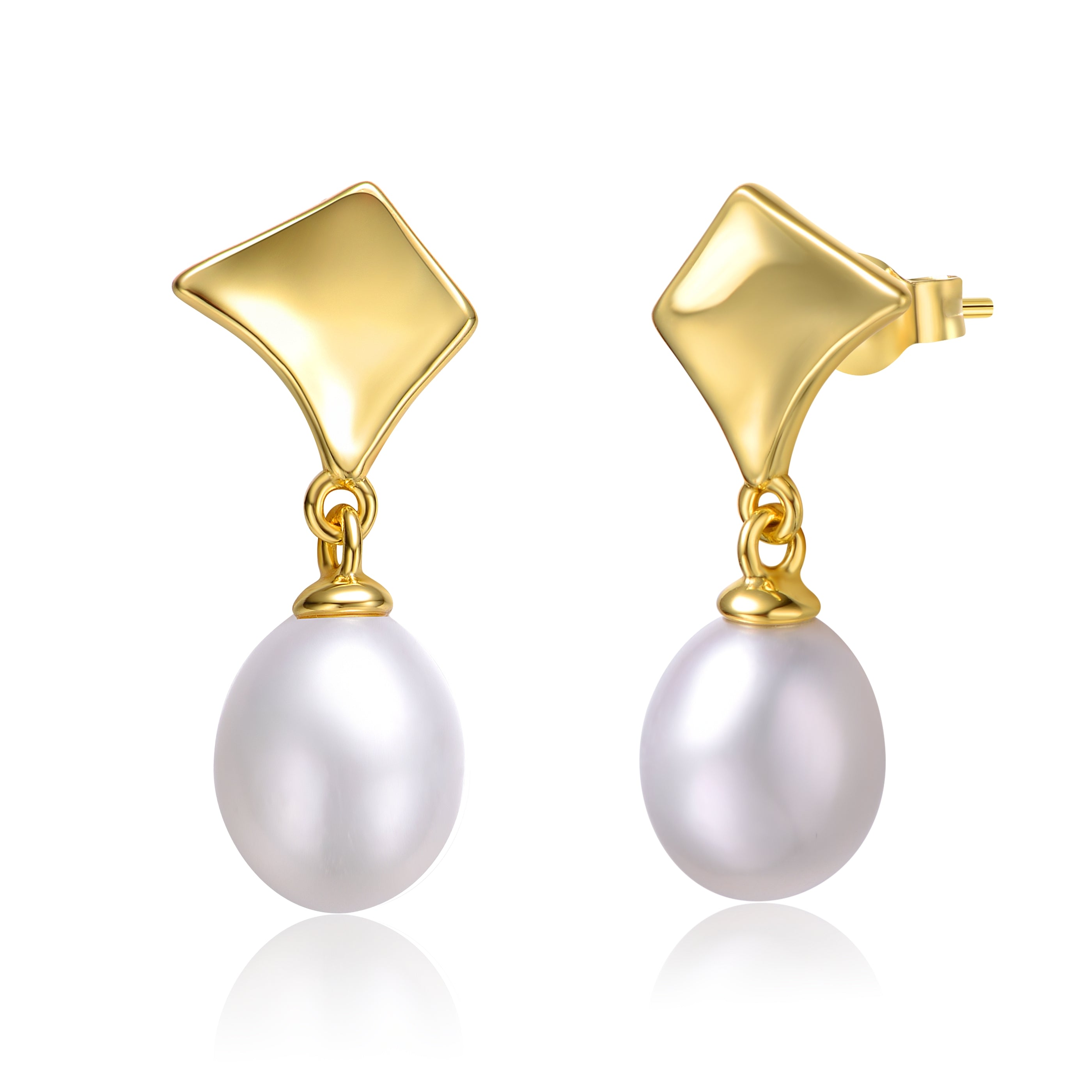 Women’s Gold / White Sterling Silver Yellow Gold With White Pearl Drop Geometric Shield Retro Dangle Earrings Genevive Jewelry