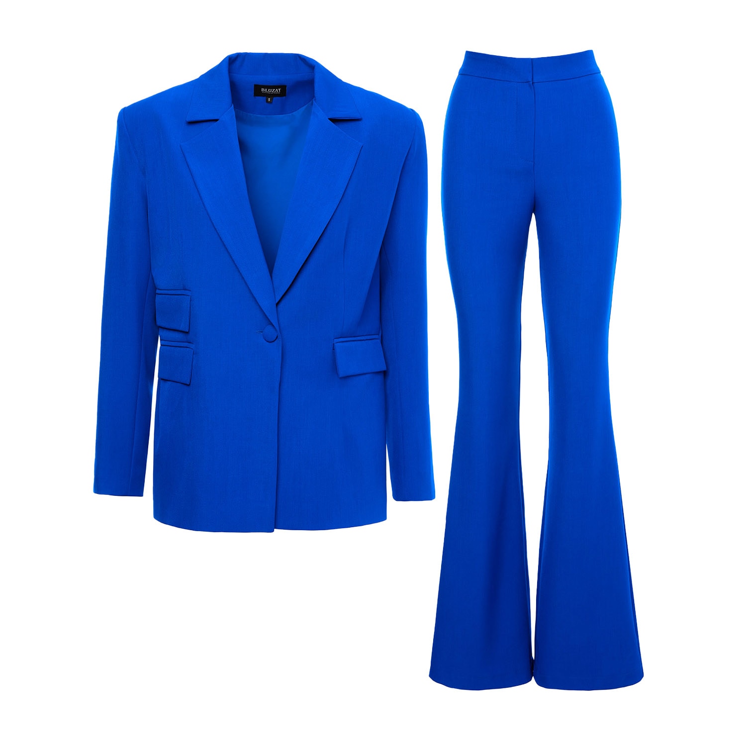 Bluzat Women's Electric Blue Suit With Regular Blazer With Double Pocket And Flared Trousers In Blue
