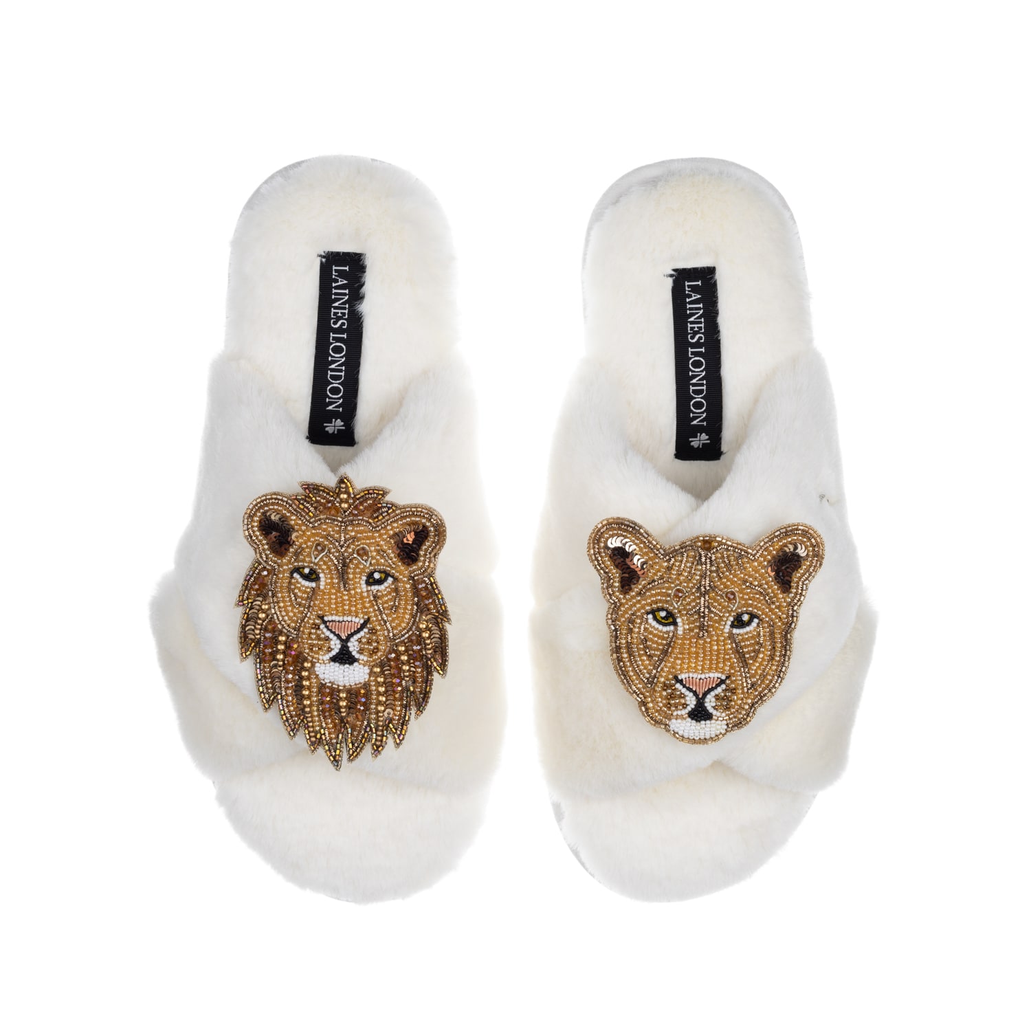 Laines London Women's White Classic Laines Slippers With Artisan Lion & Lioness Brooches - Cream In White
