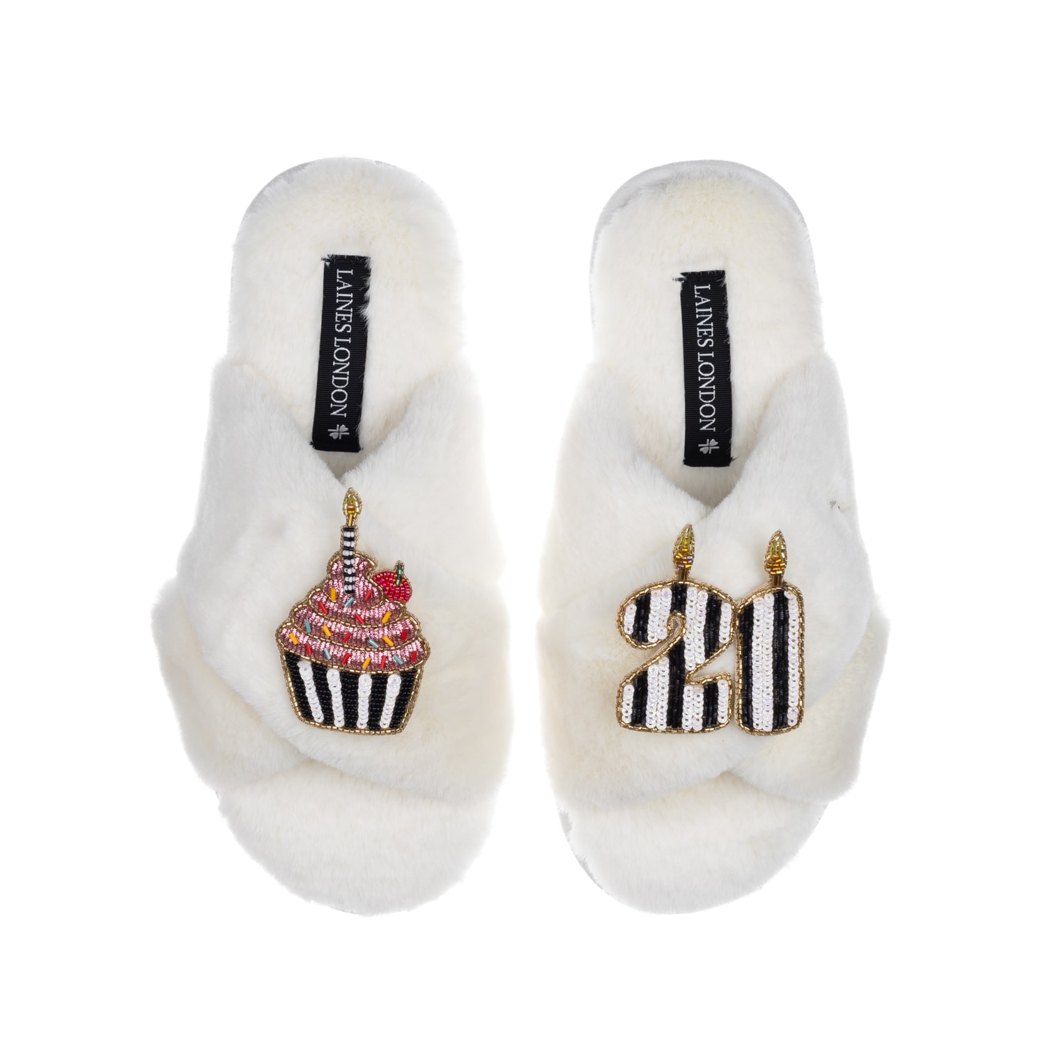 Laines London Women's White Classic Laines Slippers With Stripe 21st Birthday & Cake Brooches - Cream In White