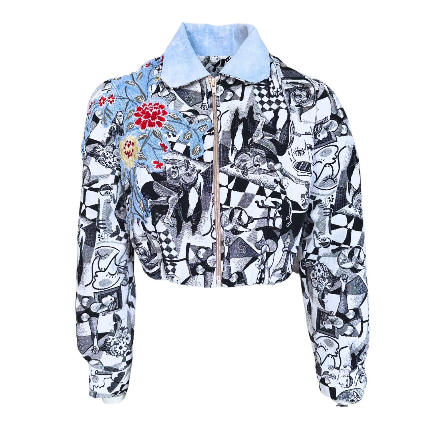 Couture To Your Door Women's Black / Blue / White Abstract Monochrome Upcycled Cropped Jacket In Multi