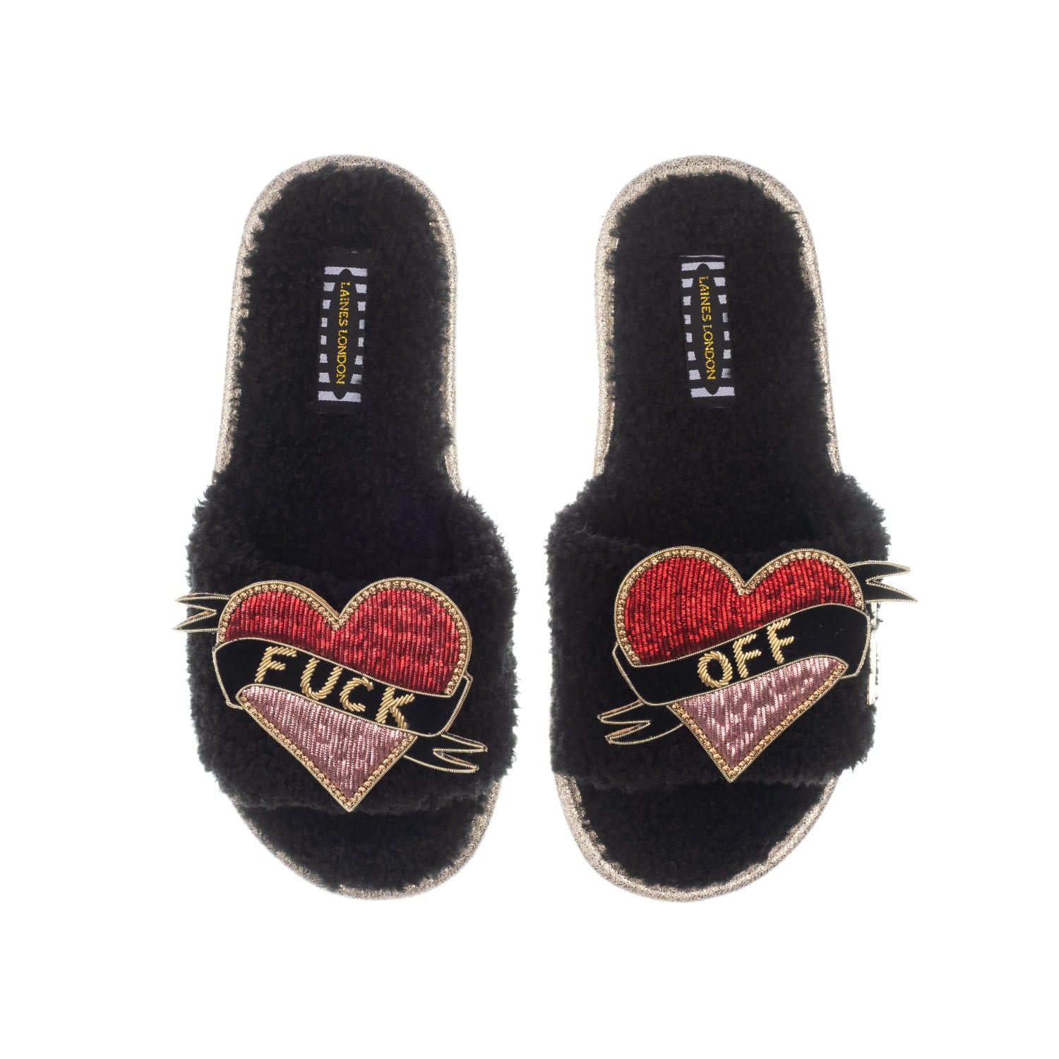 Laines London Women's Teddy Toweling Slipper Sliders With Fuck Off Brooches - Black In Black
