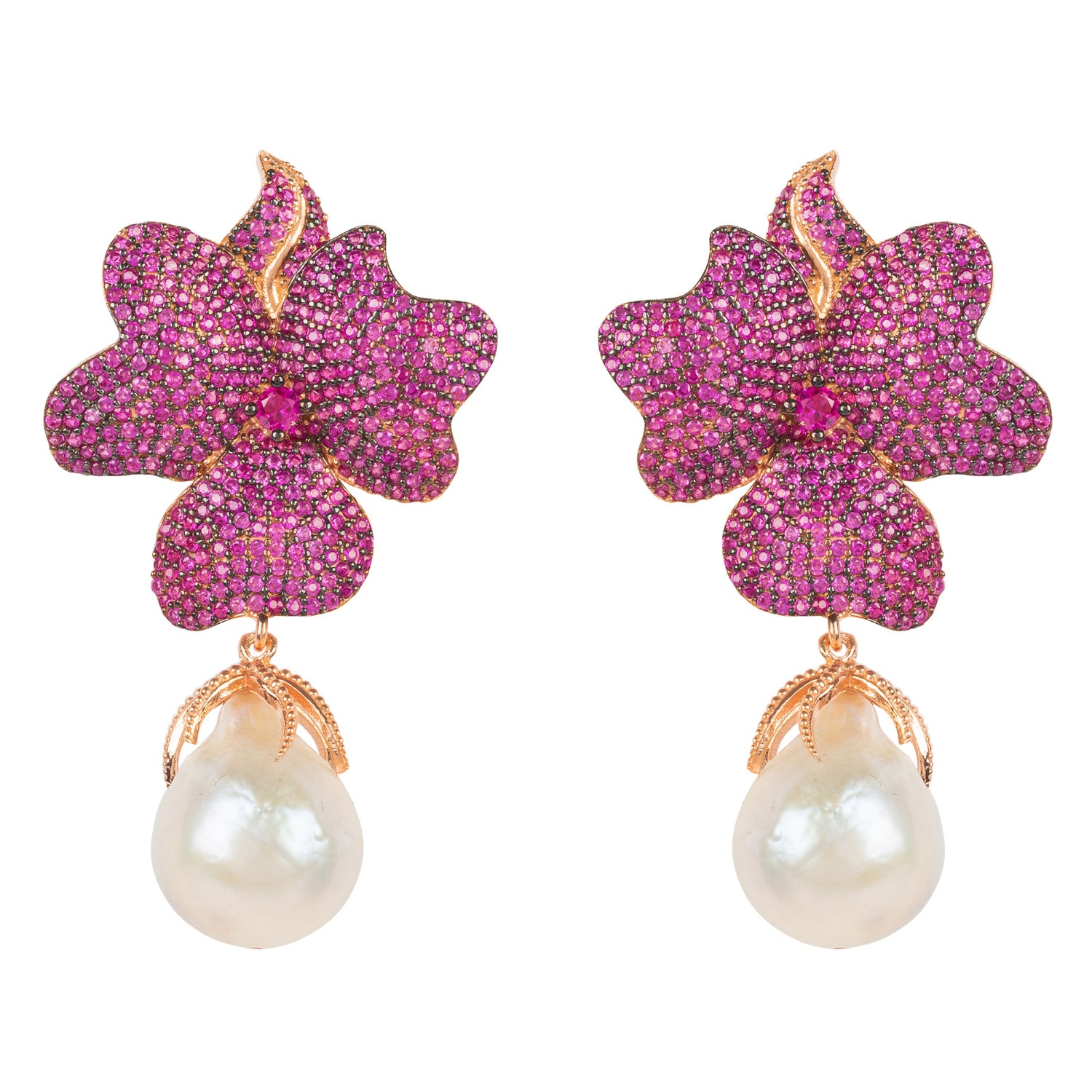 Women’s Red / Rose Gold Baroque Pearl Ruby Red Flower Earrings Rose Gold Latelita