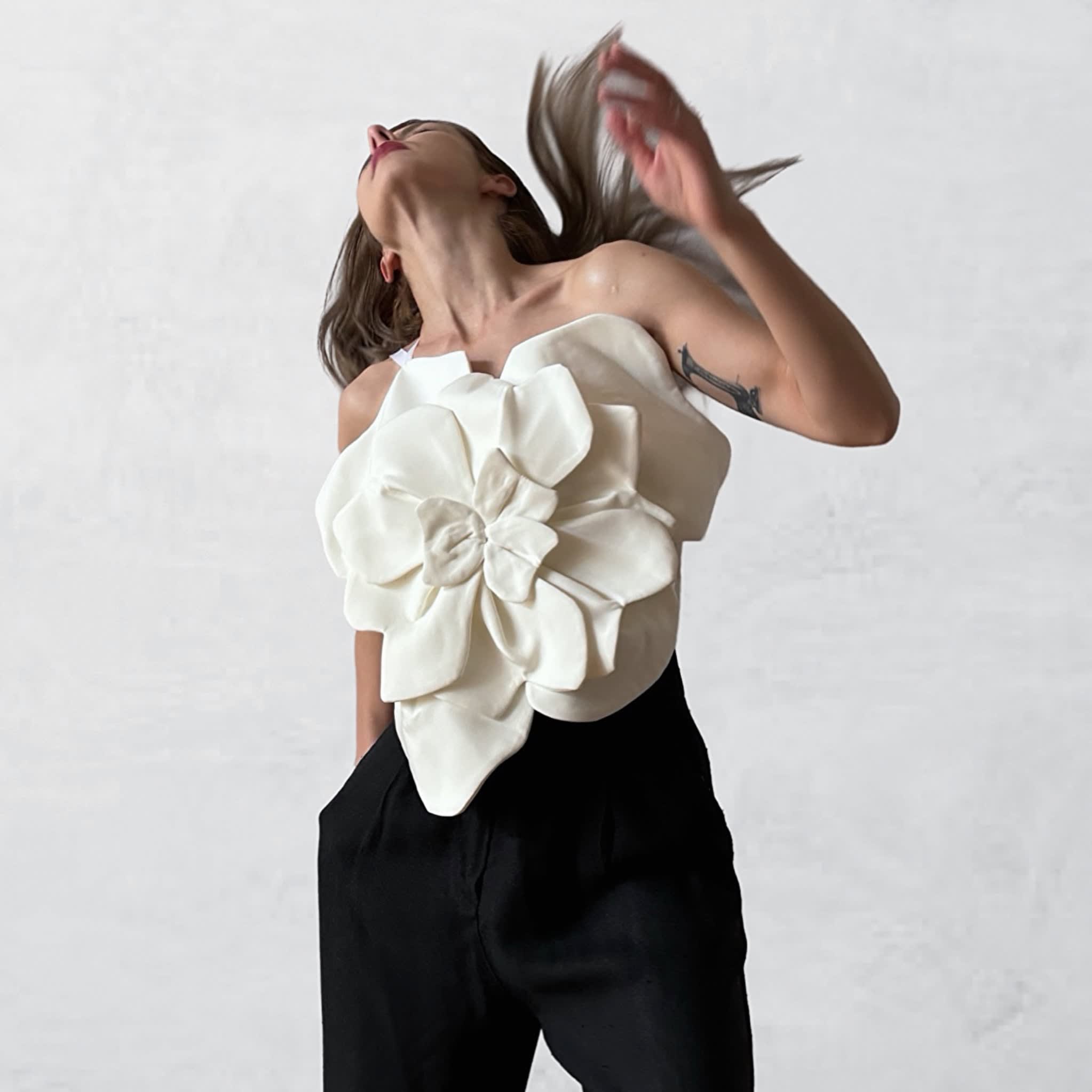 White Flower Top With Asymmetric Strap & Criss Cross Back