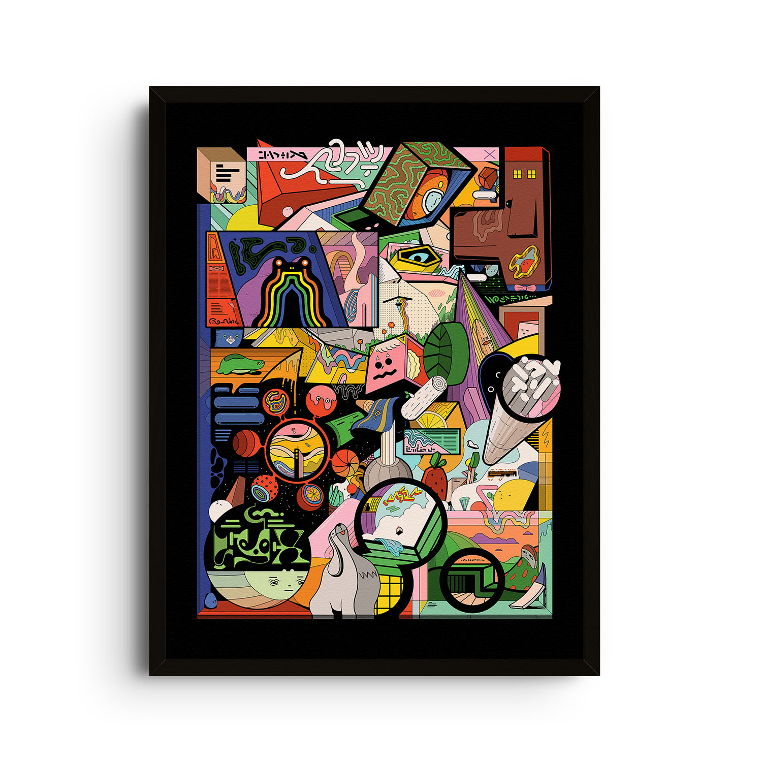 East Side Studio London Black Frog Totem With Many Things - Giclee Fine Art Print - Small In Black