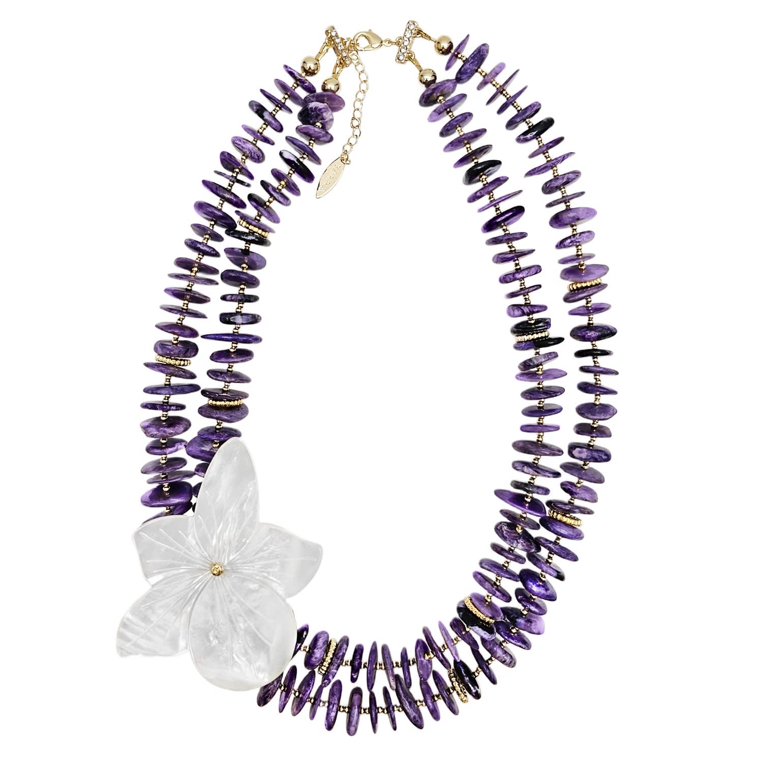 Farra Women's Purple Charoite With Flower Giant Shell Pendant Double Layers Necklace In Purple