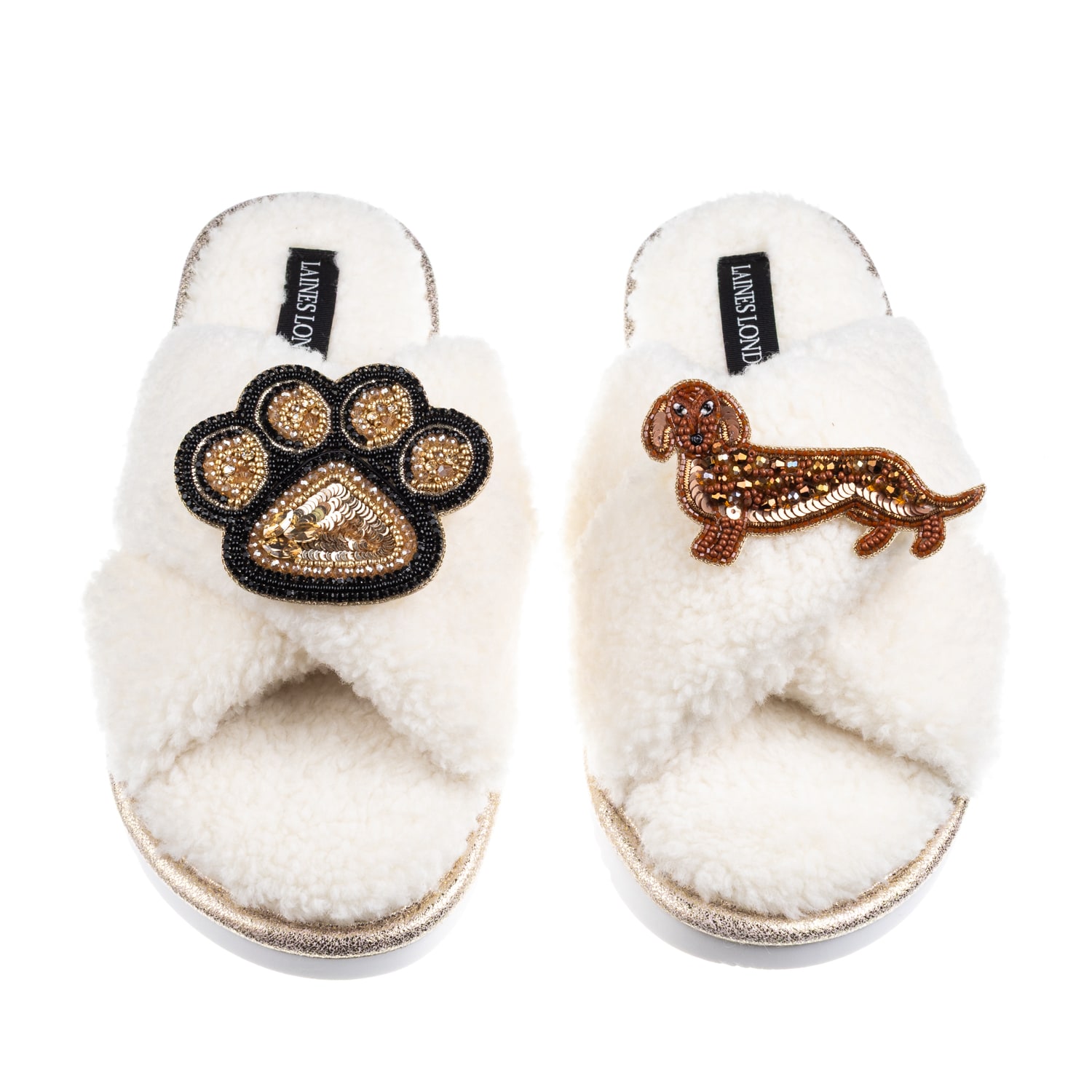 Laines London Women's Neutrals / White Boucle Slippers With Paw & Red Dachshund Brooches - Cream In White