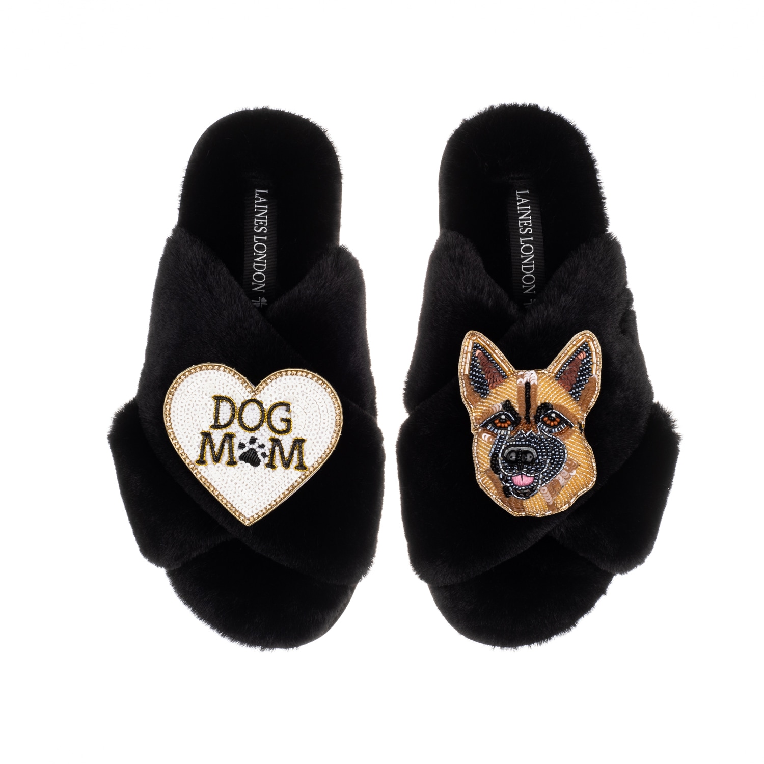 Laines London Women's Classic Laines Slippers With Roxy The German Shepherd & Dog Mum/mom Brooches - Black In Black