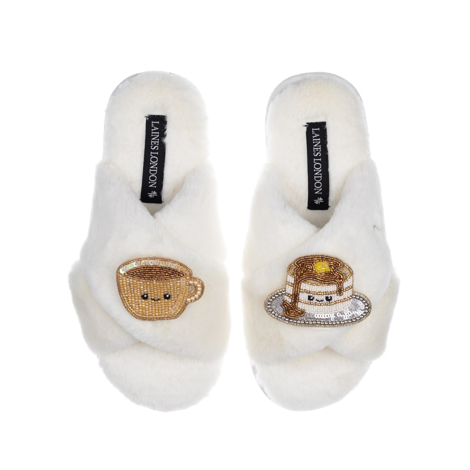 Laines London Women's White Classic Slippers With Laines Loveables Coffee & Pancakes Brooches - Cream In White