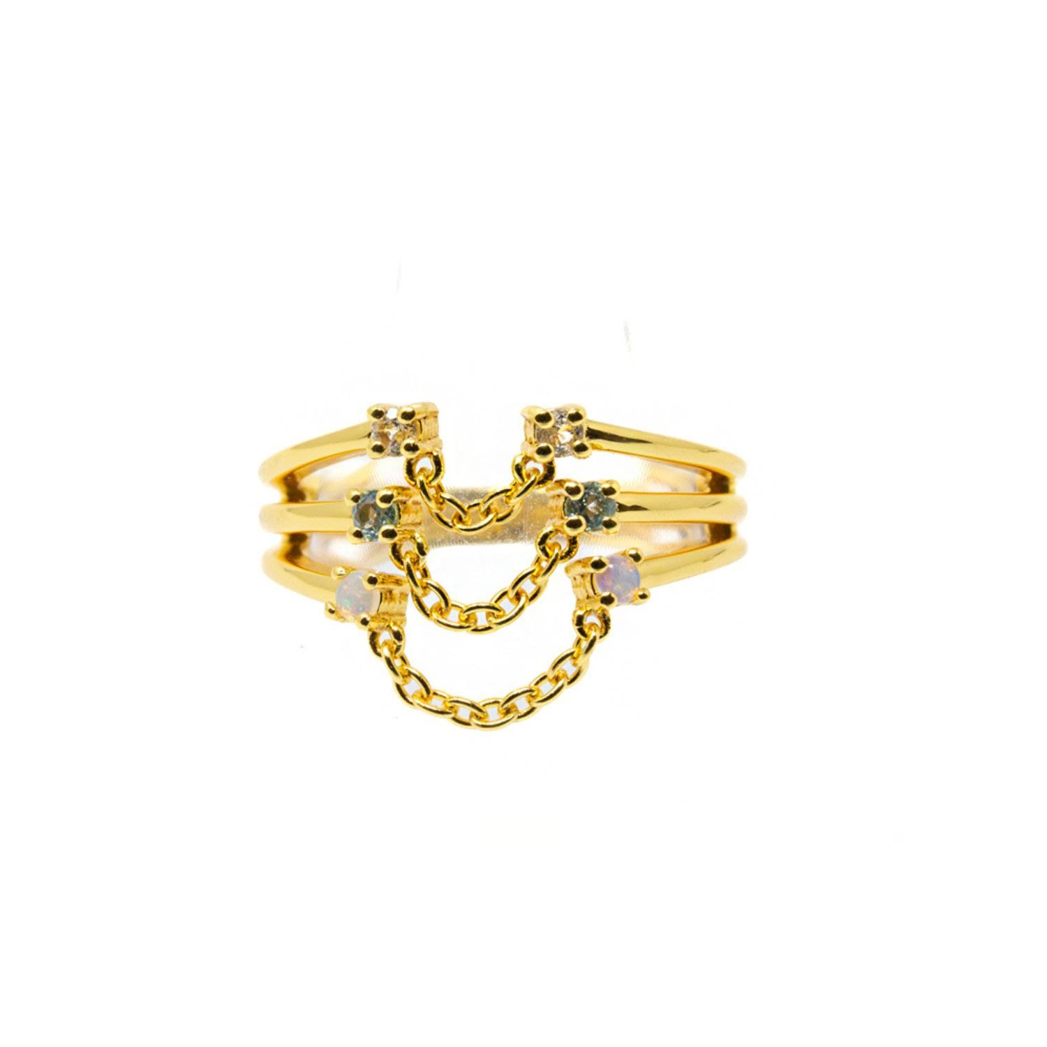 Nasi Silver Women's Yellow / White Farzana Triple Chain Ring- White Topaz- Amethyst- Opal- Gold In Gold