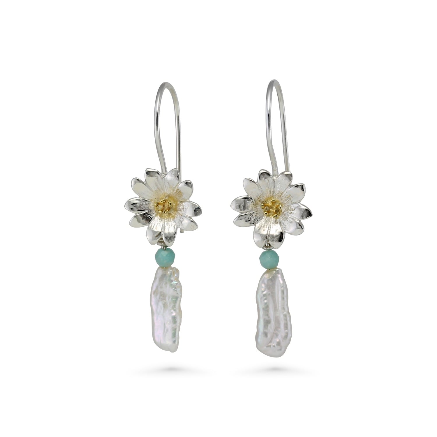 Isla Silver Women's Blue / White / Silver Sterling Silver Baroque Pearl & Flower Dangle Earrings With Aventurine